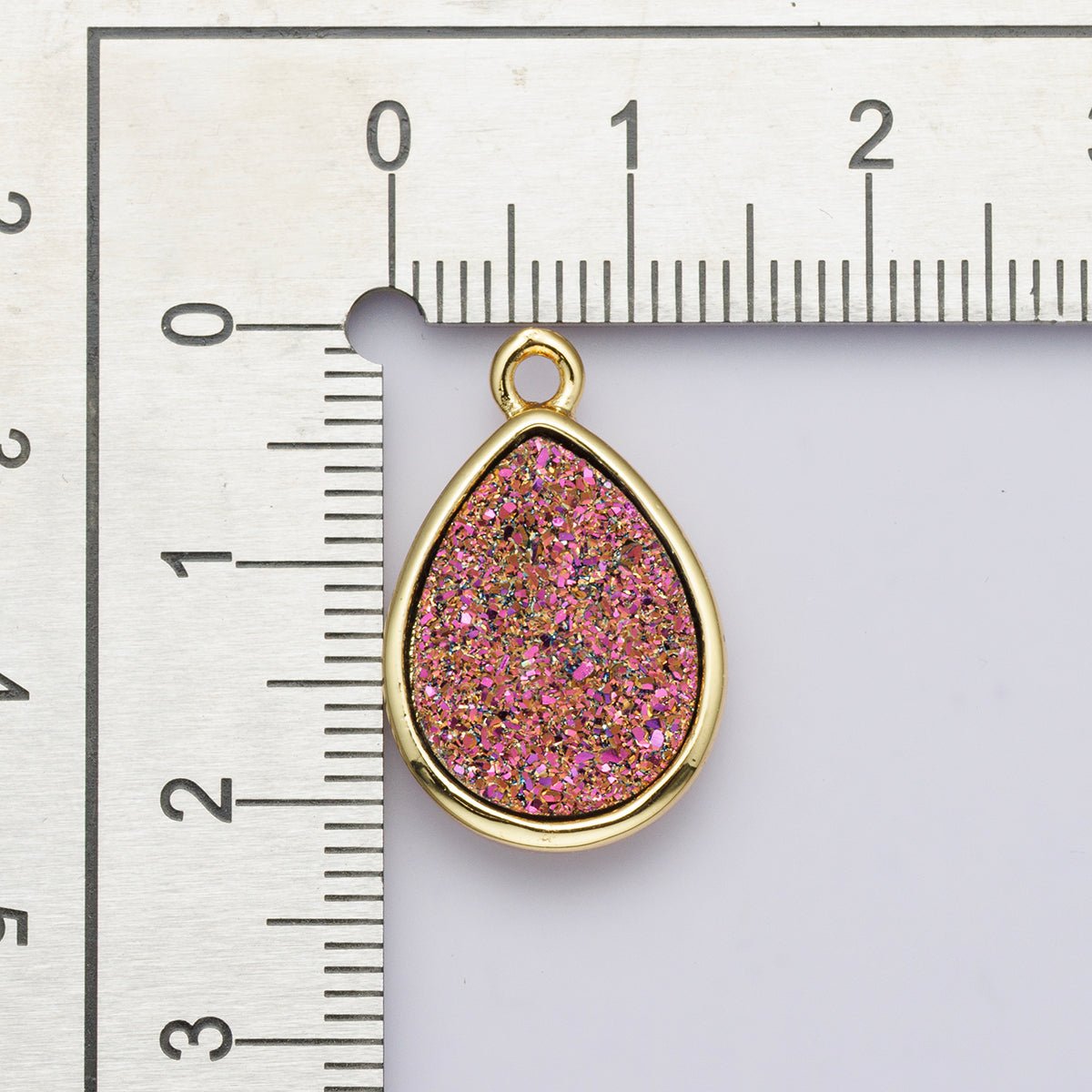 24K Gold Filled 22mm Pink, Purple Glitter Druzy Teardrop Charm | E00439 - DLUXCA