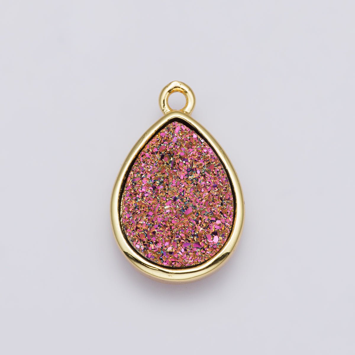 24K Gold Filled 22mm Pink, Purple Glitter Druzy Teardrop Charm | E00439 - DLUXCA