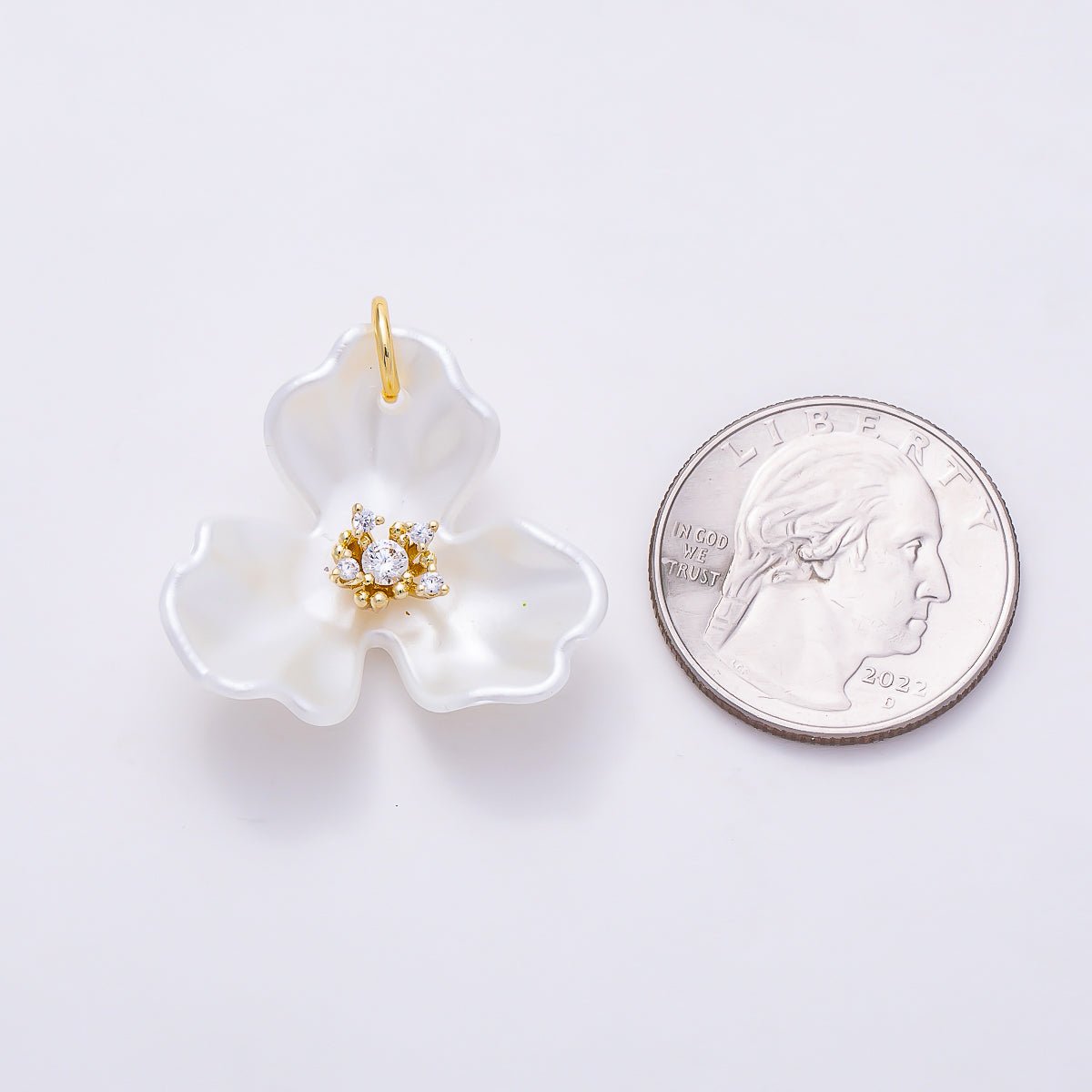 24K Gold Filled 22mm Round CZ White Orchid Bloom Flower Charm | N151 - DLUXCA
