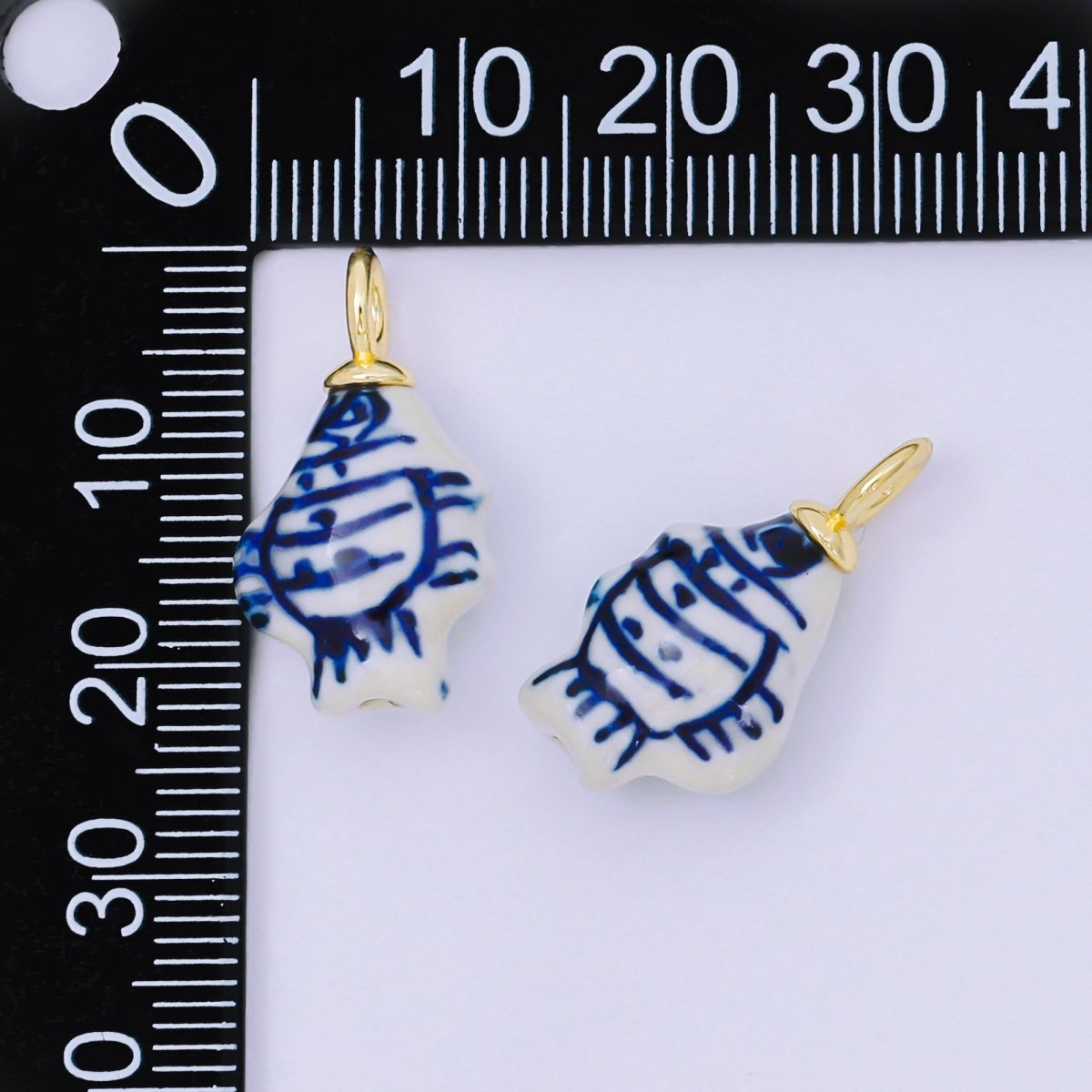 24K Gold Filled 23mm Blue - White Porcelain Ceramics Fish Drop Charm | AF1276 - DLUXCA