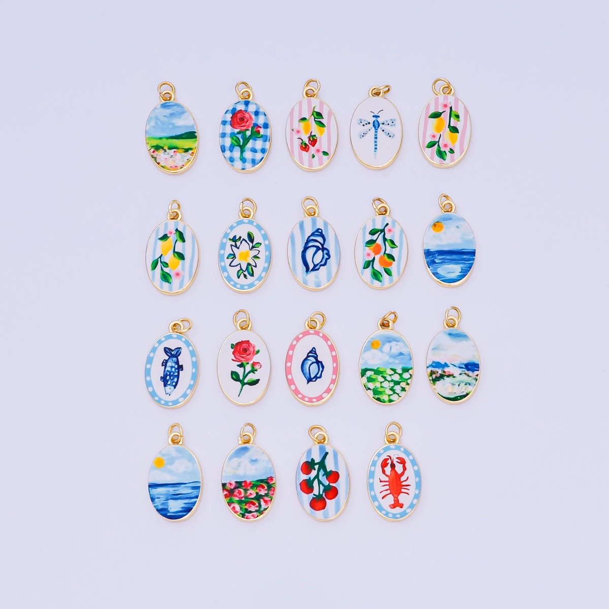 24K Gold Filled 23mm Enamel Art Oval Spring Holiday Charm in Flower, Butterfly, & Nature | AH - 544 AH - 545, AJ - 513, AJ - 514, AJ - 520, AJ - 522, AJ - 528 - AJ530, AJ - 532 - AJ - 535, AJ - 539 AJ - 540, AJ - 544 AJ - 545, AJ - 547 - DLUXCA