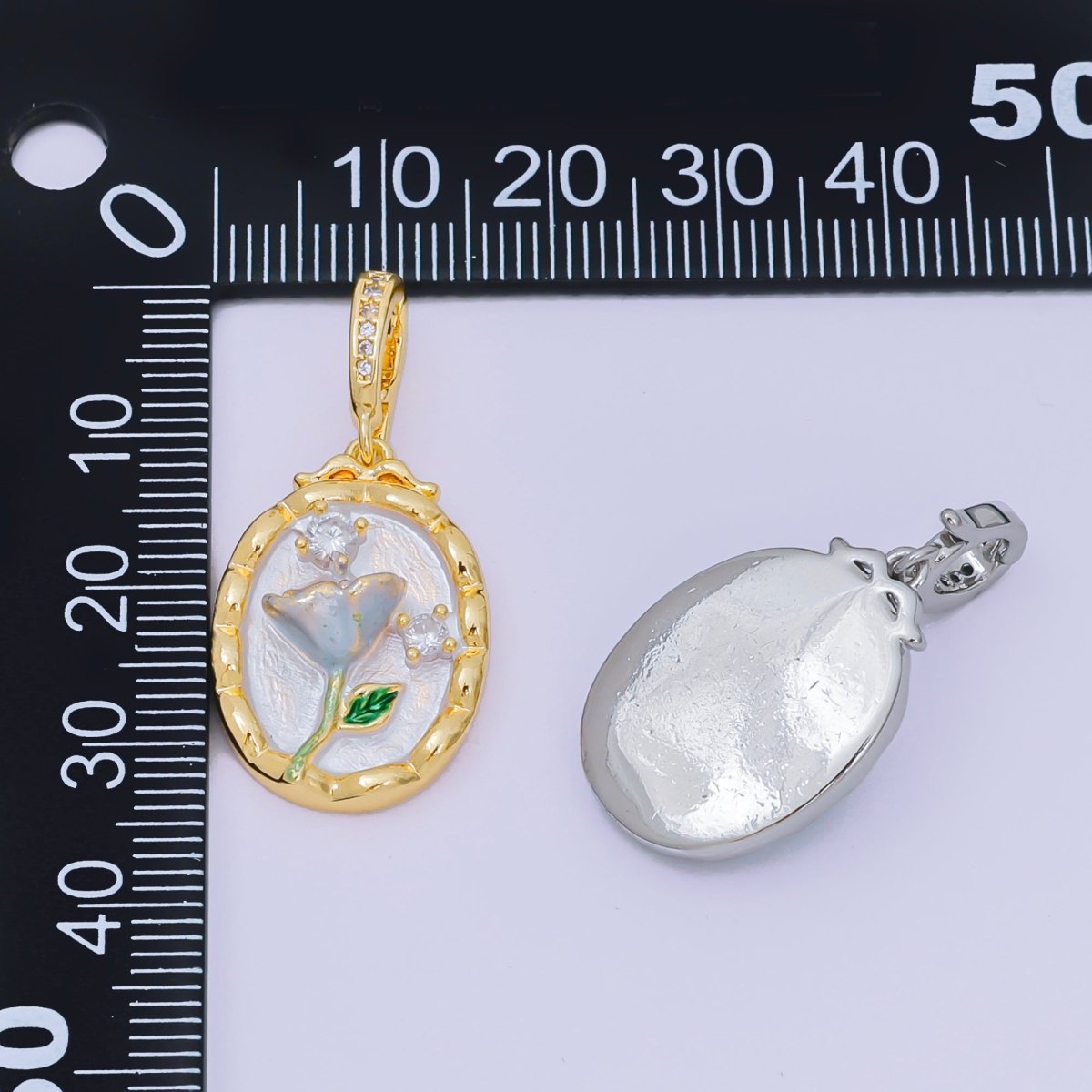 24K Gold Filled 23mm Micro Paved CZ Enamel Art Frame of Flower Charm in Gold & Silver | AA - 1574 - DLUXCA