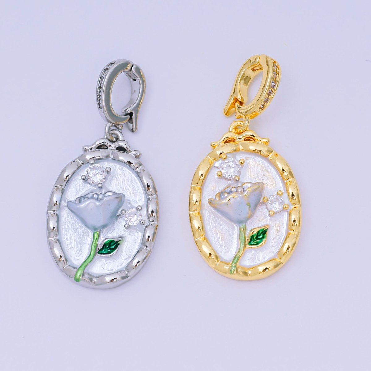 24K Gold Filled 23mm Micro Paved CZ Enamel Art Frame of Flower Charm in Gold & Silver | AA - 1574 - DLUXCA