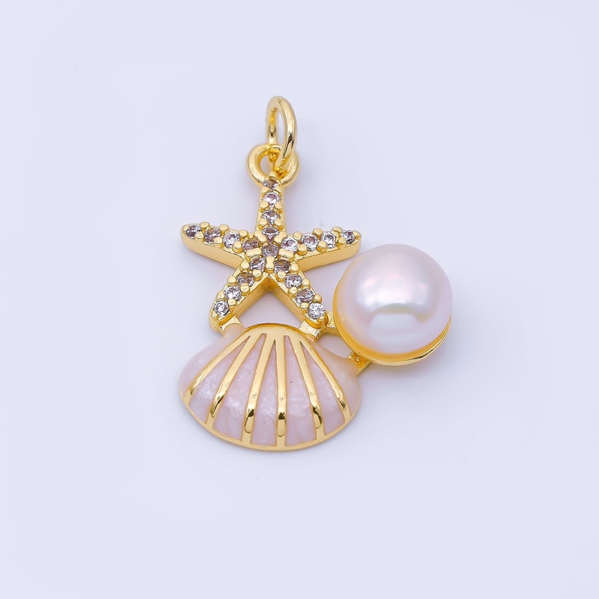 24K Gold Filled 23mm White, Pink, Blue Micro Paved CZ Shell Pearl Starfish Clam Seashell Charm | AF1588 AF1589 - DLUXCA