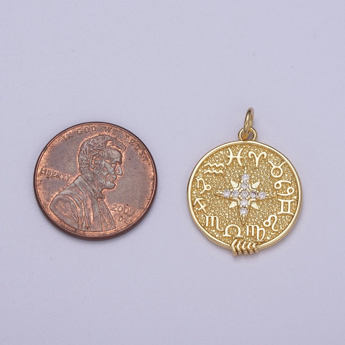 24K Gold Filled 24.5mm Clear CZ North Star Sign Zodiac Horoscope Round Charm | C340 - DLUXCA