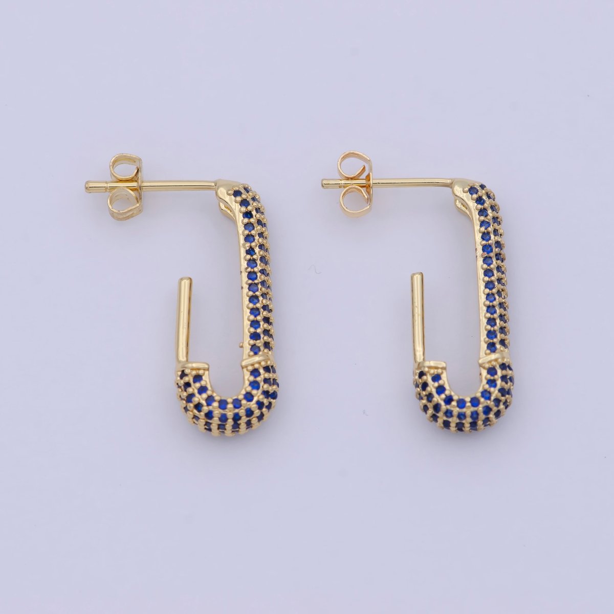 24K Gold Filled 24mm Dark Blue Micro Paved CZ J - Shaped Hoop Earrings | AB1196 - DLUXCA