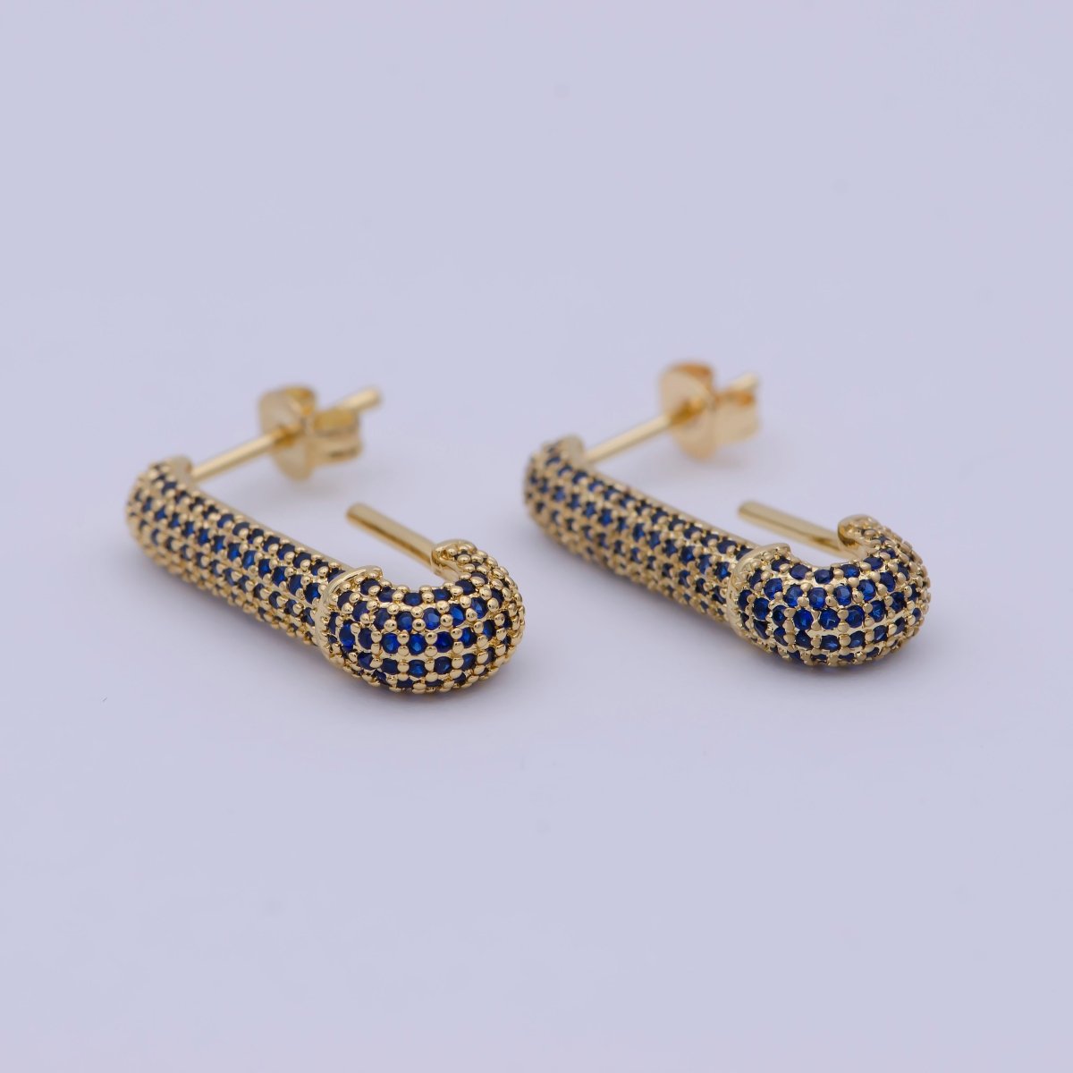 24K Gold Filled 24mm Dark Blue Micro Paved CZ J - Shaped Hoop Earrings | AB1196 - DLUXCA