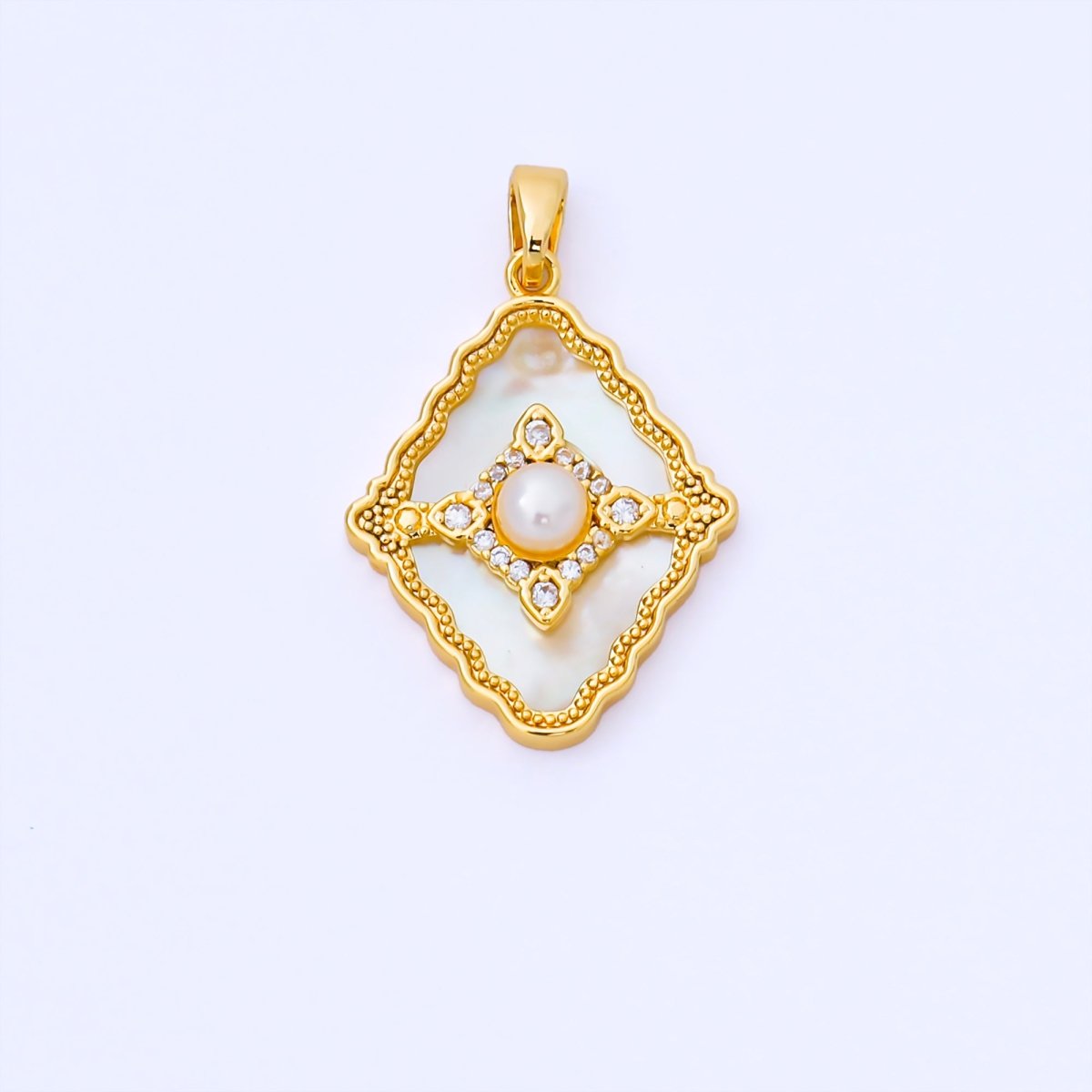 24K Gold Filled 24mm Micro Paved CZ Mother of Pearl Dazzling Rhombus Pendant | AA1653 - DLUXCA