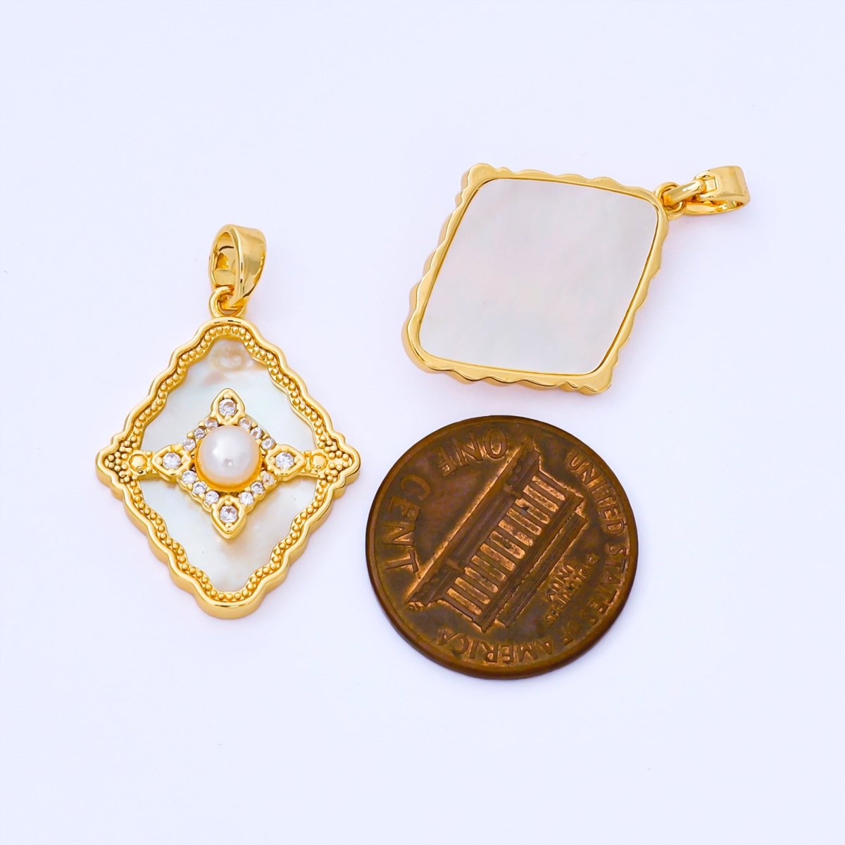 24K Gold Filled 24mm Micro Paved CZ Mother of Pearl Dazzling Rhombus Pendant | AA1653 - DLUXCA