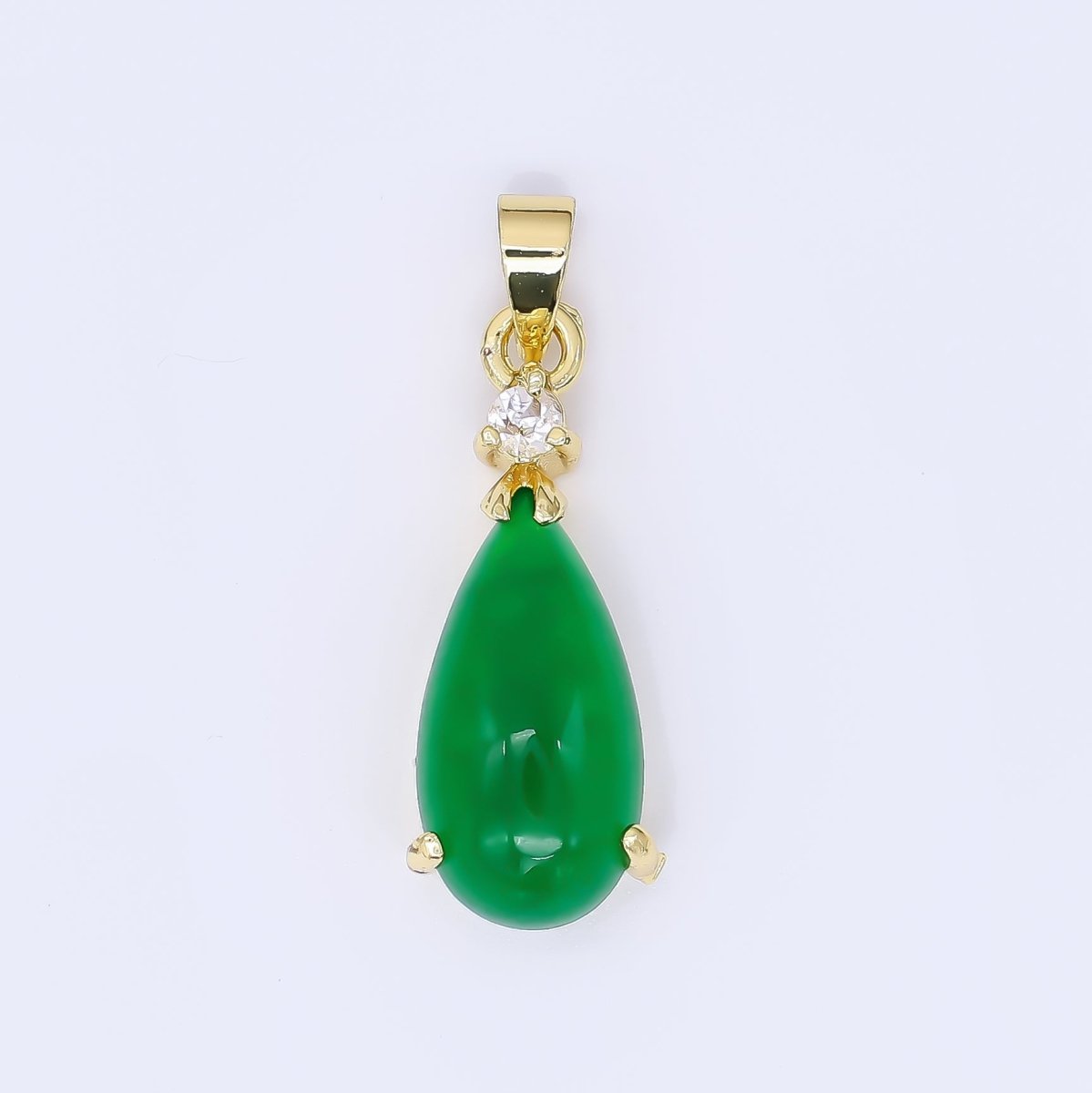 24K Gold Filled 24mm Micro Paved CZ Natural Gemstone Jade Charm Teardrop Pendant | AA - 1591 - DLUXCA