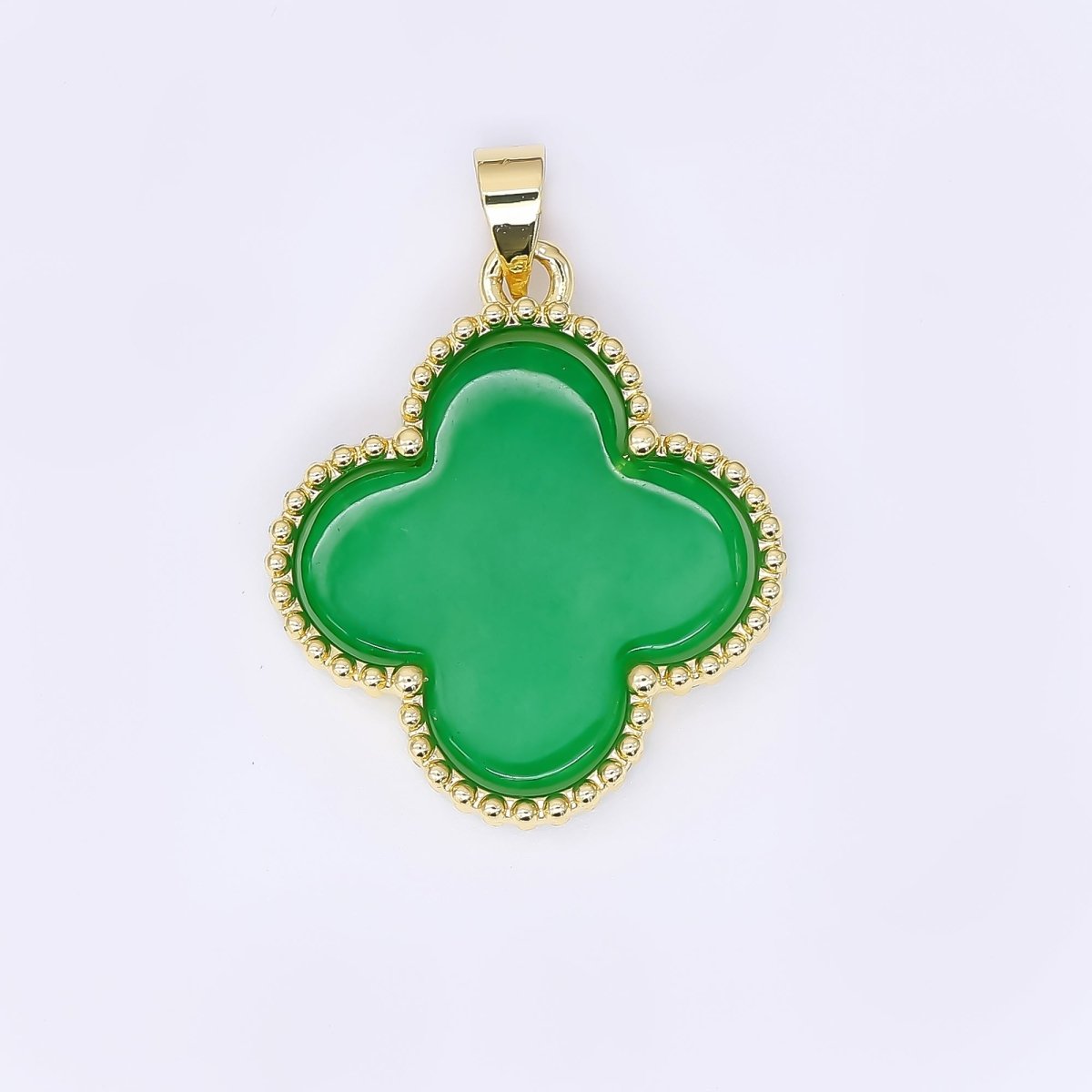 24K Gold Filled 24mm Natural Gemstone Jade Charm 4 - Petals Lucky Clover Pendant | AA - 1590 - DLUXCA
