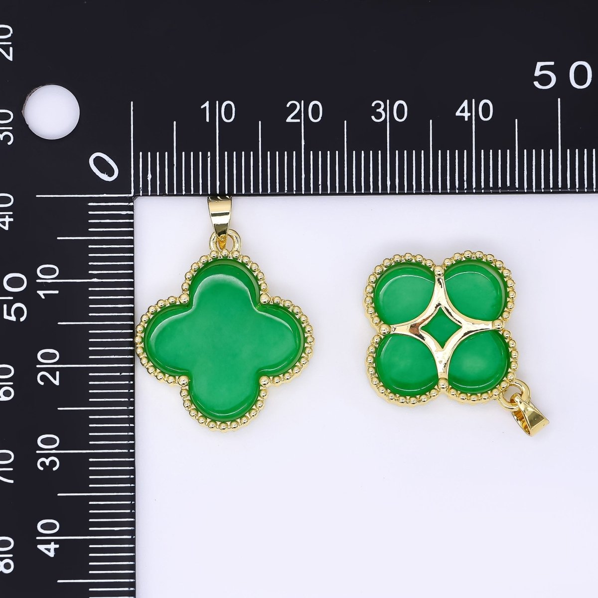 24K Gold Filled 24mm Natural Gemstone Jade Charm 4 - Petals Lucky Clover Pendant | AA - 1590 - DLUXCA