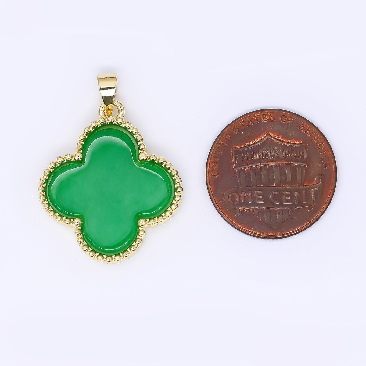 24K Gold Filled 24mm Natural Gemstone Jade Charm 4 - Petals Lucky Clover Pendant | AA - 1590 - DLUXCA