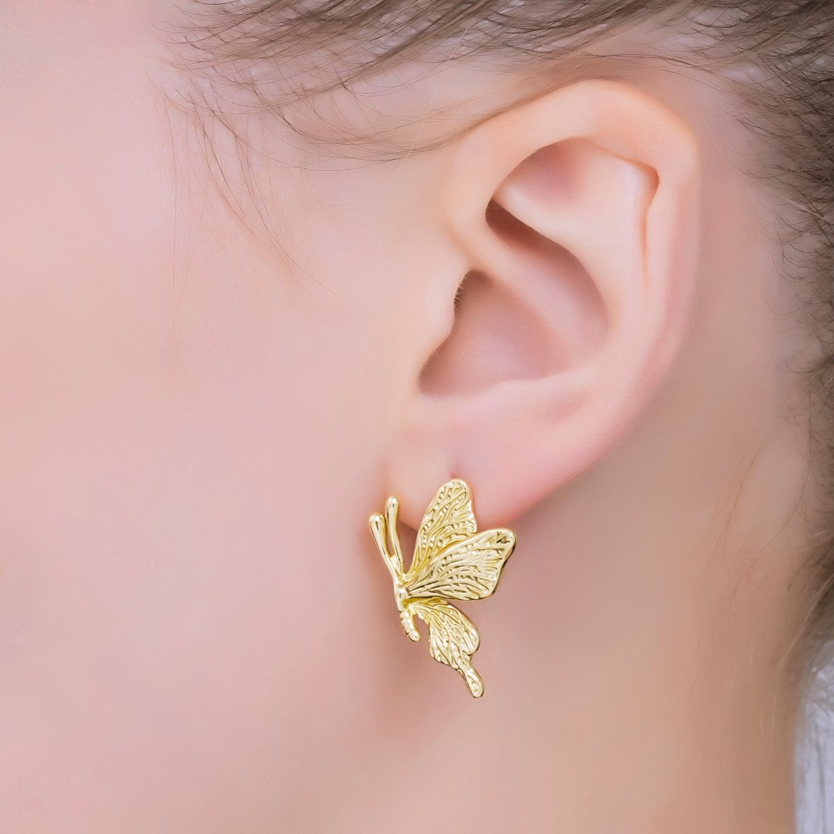24K Gold Filled 25.5mm Mariposa Butterfly Hammered Stud Earrings Set in Gold & Silver | AJ138 AJ139 - DLUXCA