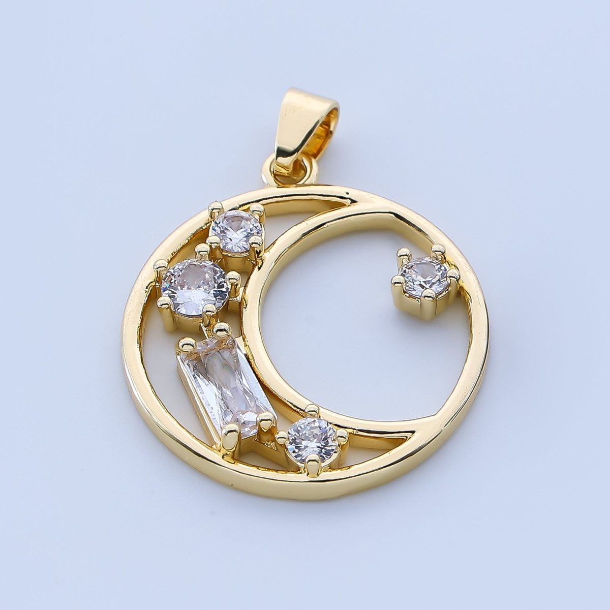 24K Gold Filled 25mm Baguette CZ Crescent Moon Pendant | AH - 518 - DLUXCA