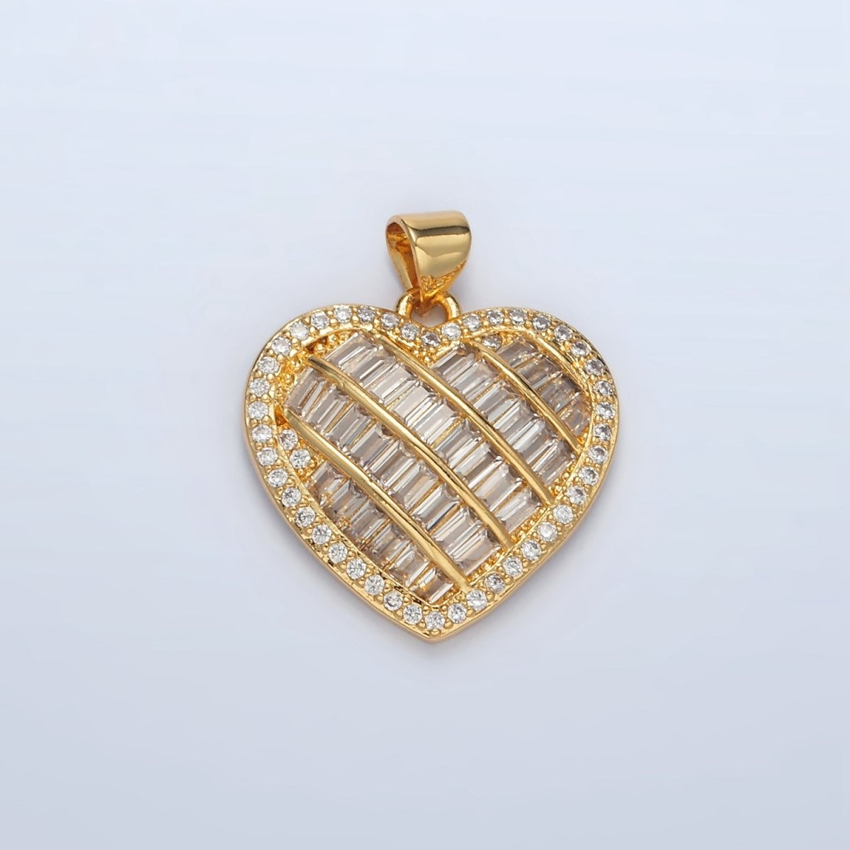 24K Gold Filled 25mm Baguette Micro Paved CZ Lined Heart Pendant | I459 - DLUXCA