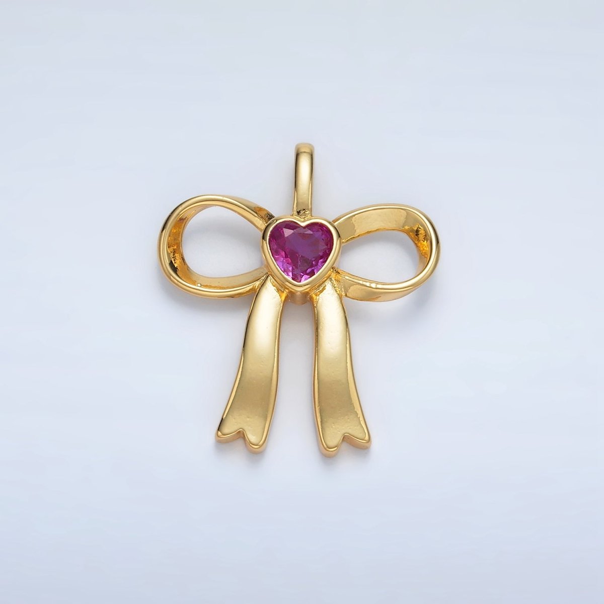 24K Gold Filled 25mm Birthstone Heart CZ Ribbon Bow Pendant | AA1413 - AA1418 - DLUXCA