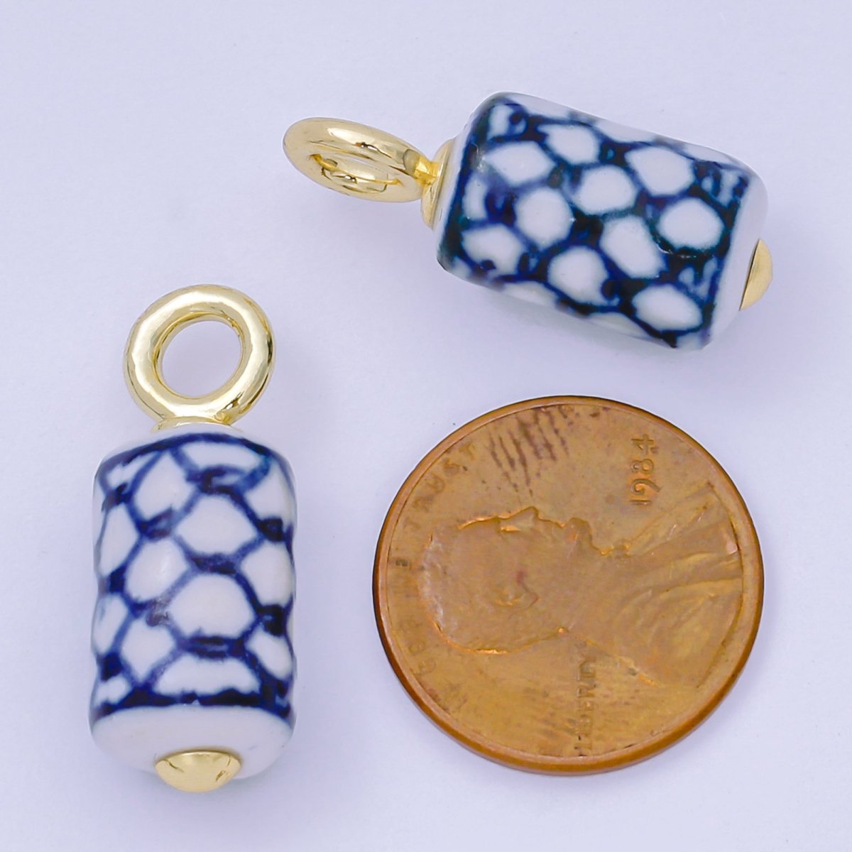 24K Gold Filled 25mm Blue - White Fish Net Porcelain Ceramic Cylinder Drop Charm | AF1281 - DLUXCA