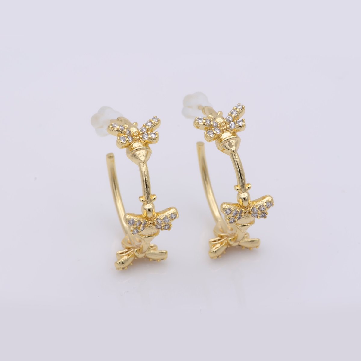 24K Gold Filled 25mm Bumble Queen Bee Micro Paved CZ C - Shaped Hoop Earrings | AB1212 - DLUXCA