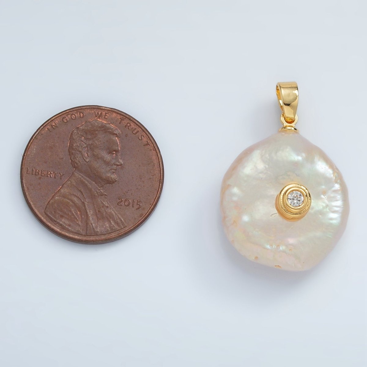 24K Gold Filled 25mm Clear CZ Freshwater Pearl Pendant | P1758 - DLUXCA