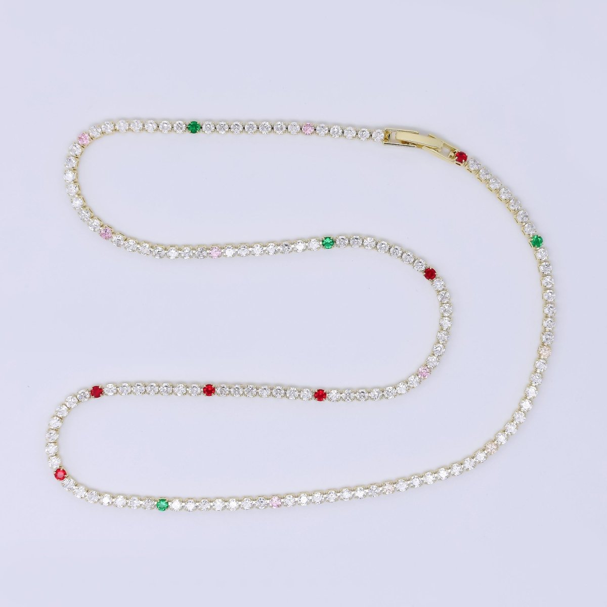 24K Gold Filled 2.5mm Clear, Red, Green Round CZ Classic Tennis Chain 18 Inch Necklace | WA - 3808 - DLUXCA