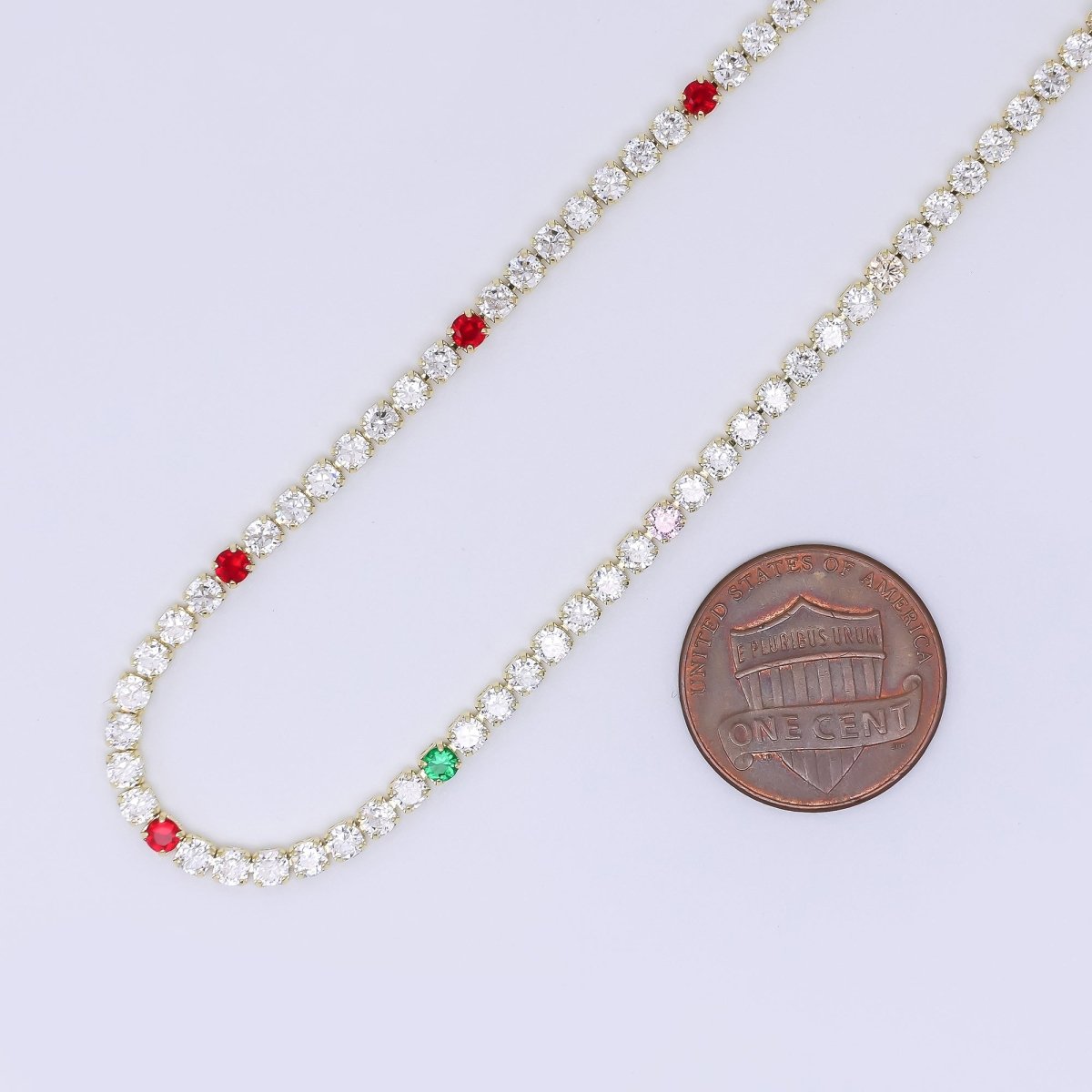 24K Gold Filled 2.5mm Clear, Red, Green Round CZ Classic Tennis Chain 18 Inch Necklace | WA - 3808 - DLUXCA