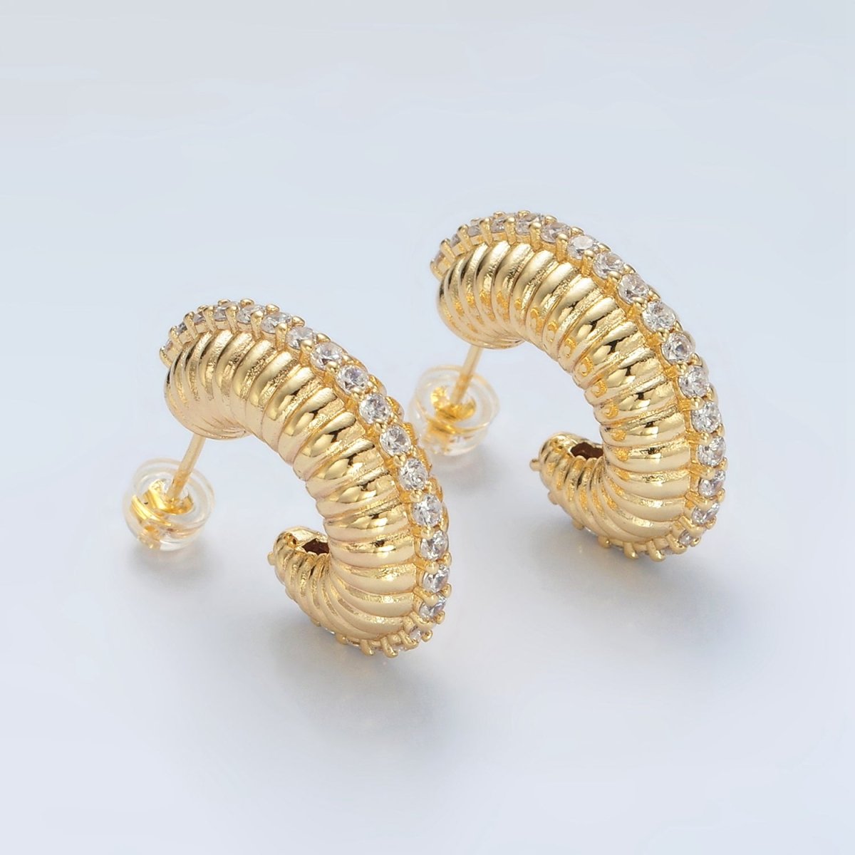 24K Gold Filled 25mm Micro Paved CZ Puffed Croissant J - Shaped Hoop Earrings | T124 - DLUXCA