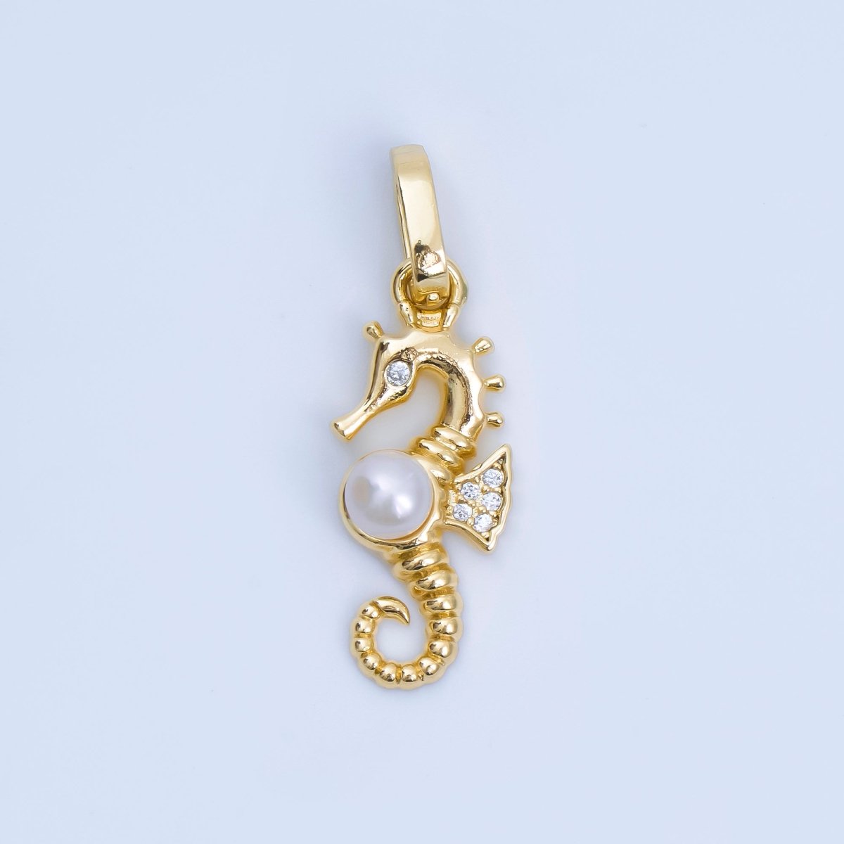 24K Gold Filled 25mm Micro Paved CZ Shell Pearl Luxe Ocean Seahorse Animal Charm | AA - 1600 - DLUXCA