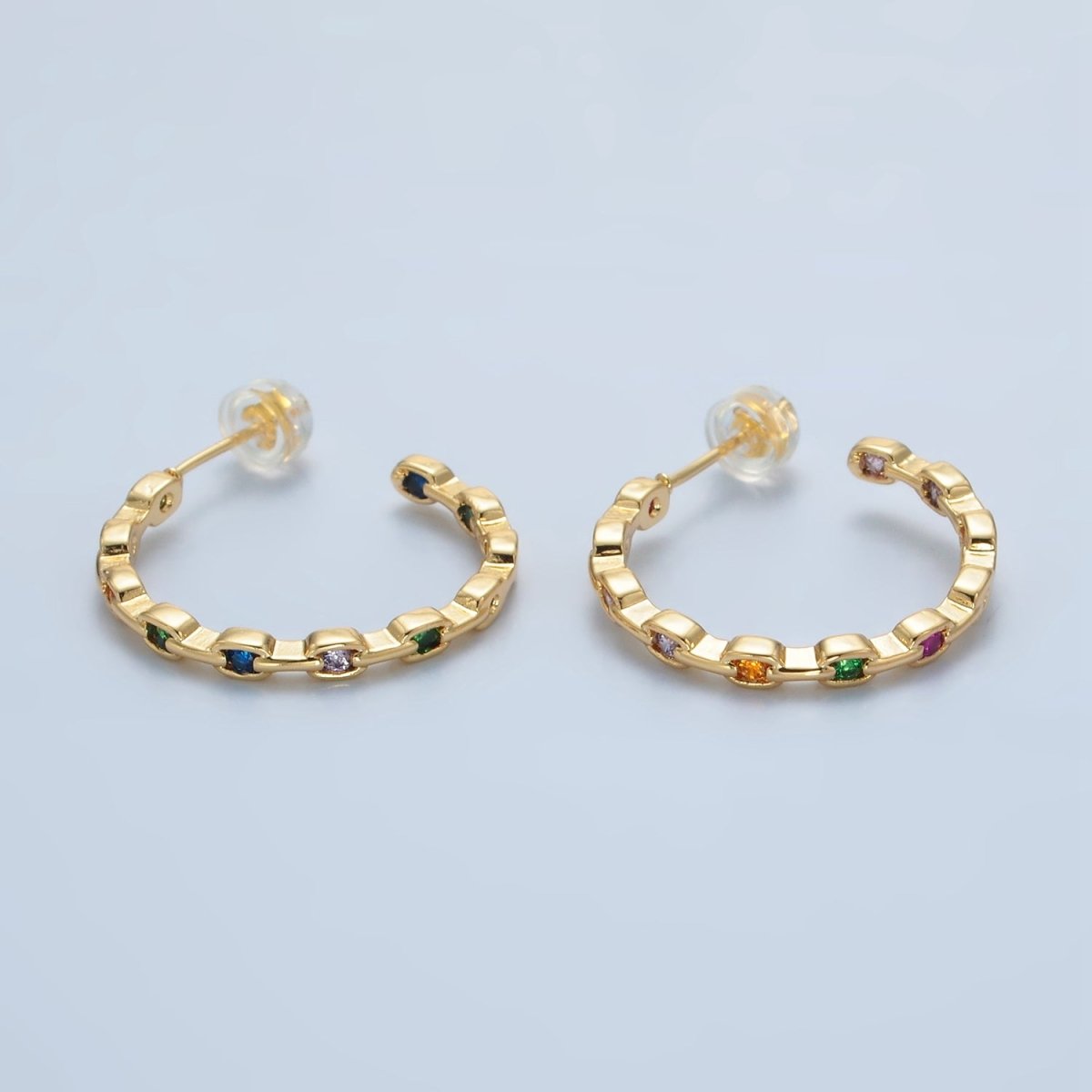 24K Gold Filled 25mm Multicolor CZ Front - Facing Chain C - Shaped Hoop Earrings | AD733 - DLUXCA