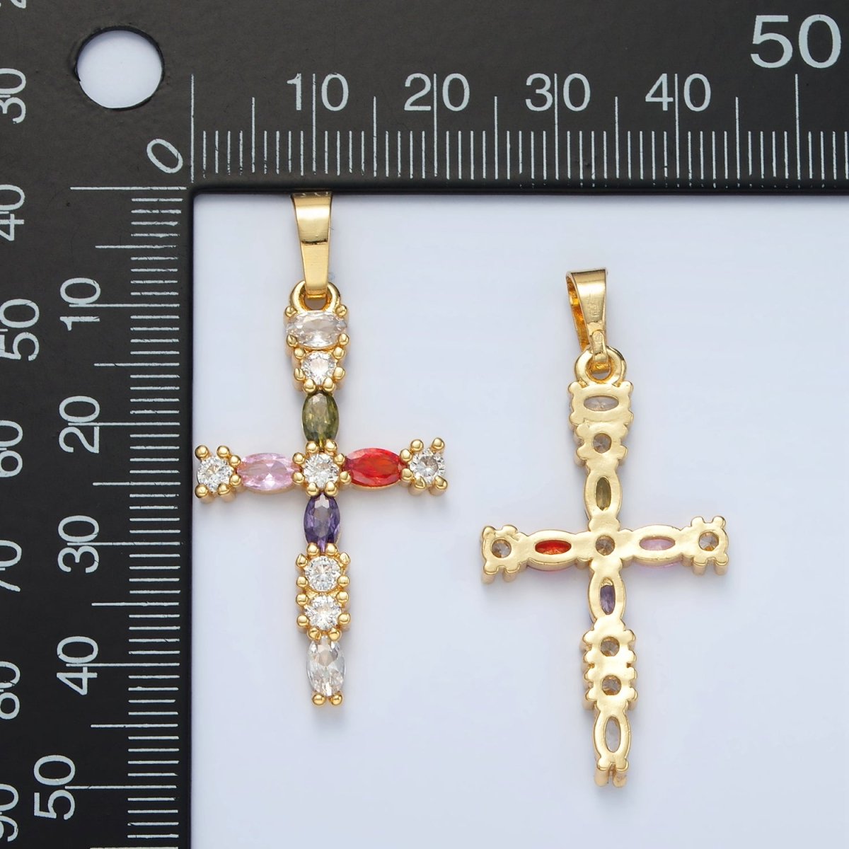 24K Gold Filled 25mm Multicolor CZ Marquise Religious Cross Pendant | I252 - DLUXCA