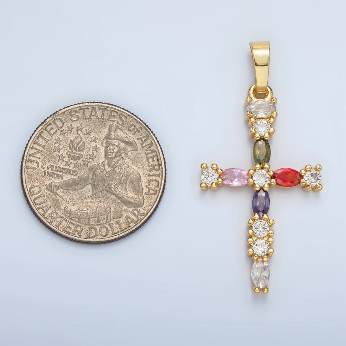 24K Gold Filled 25mm Multicolor CZ Marquise Religious Cross Pendant | I252 - DLUXCA