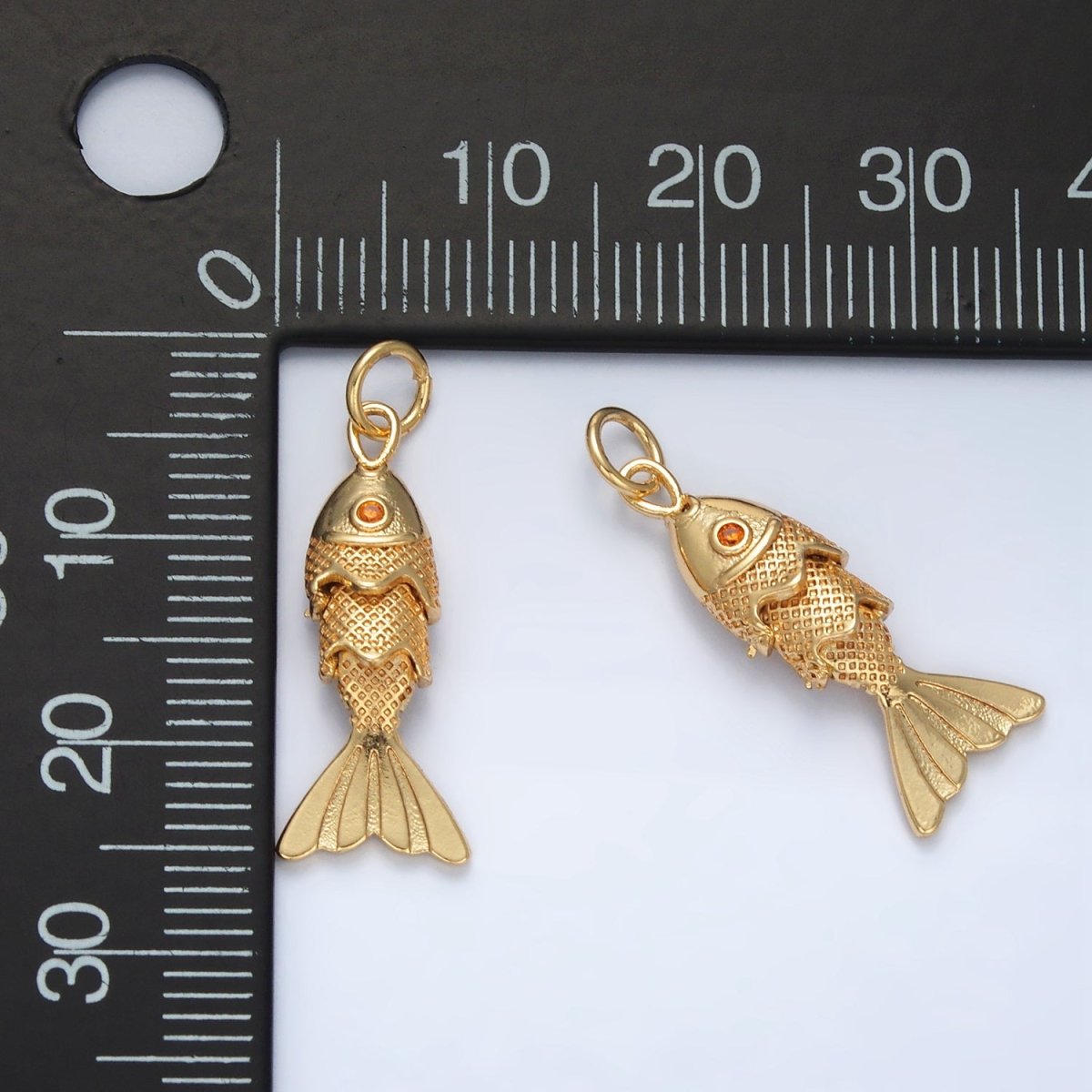 24K Gold Filled 25mm Orange CZ Multidimensional Textured Fish Sea Animal Charm | AG925 - DLUXCA