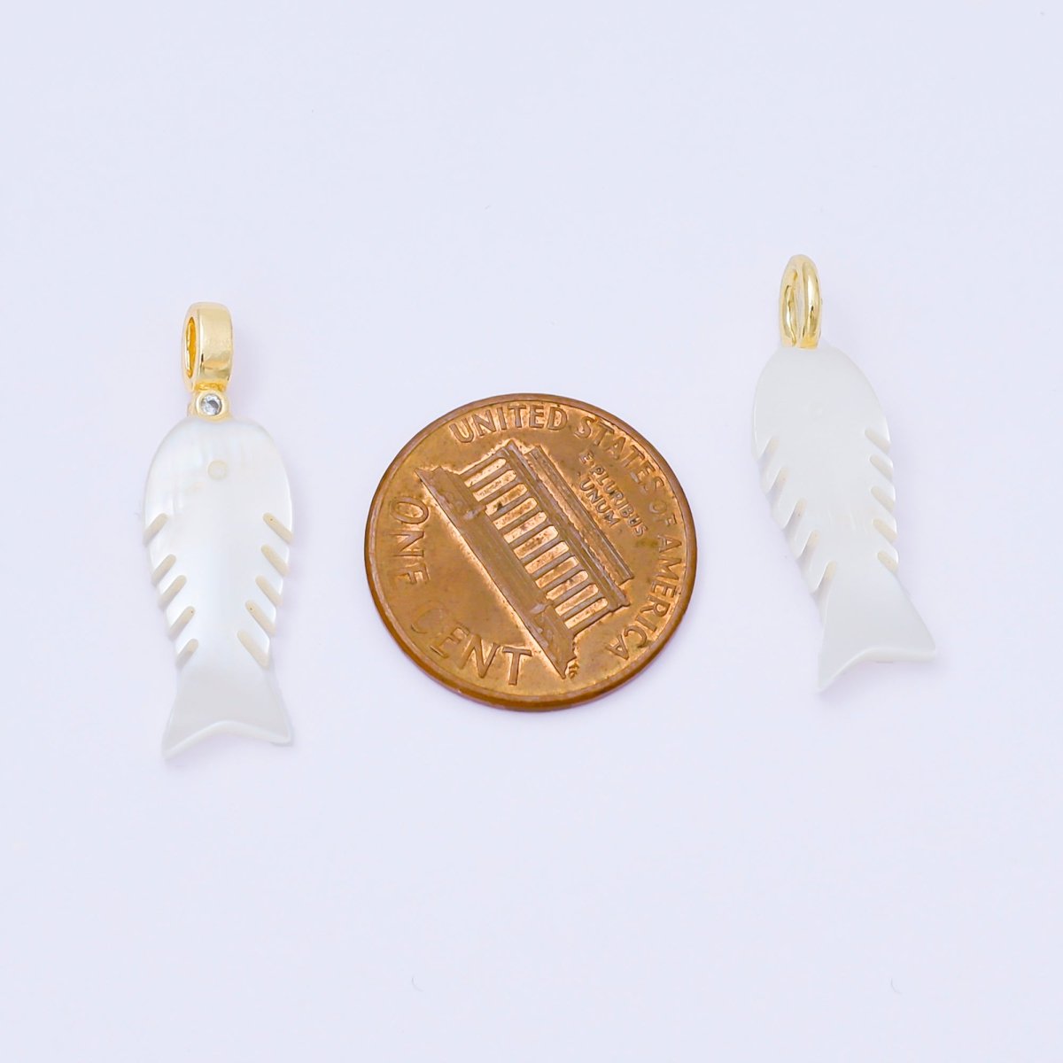 24K Gold Filled 25mm Shell Pearl Fish Sardine Animal CZ Drop Pendant | AF568 AF569 - DLUXCA