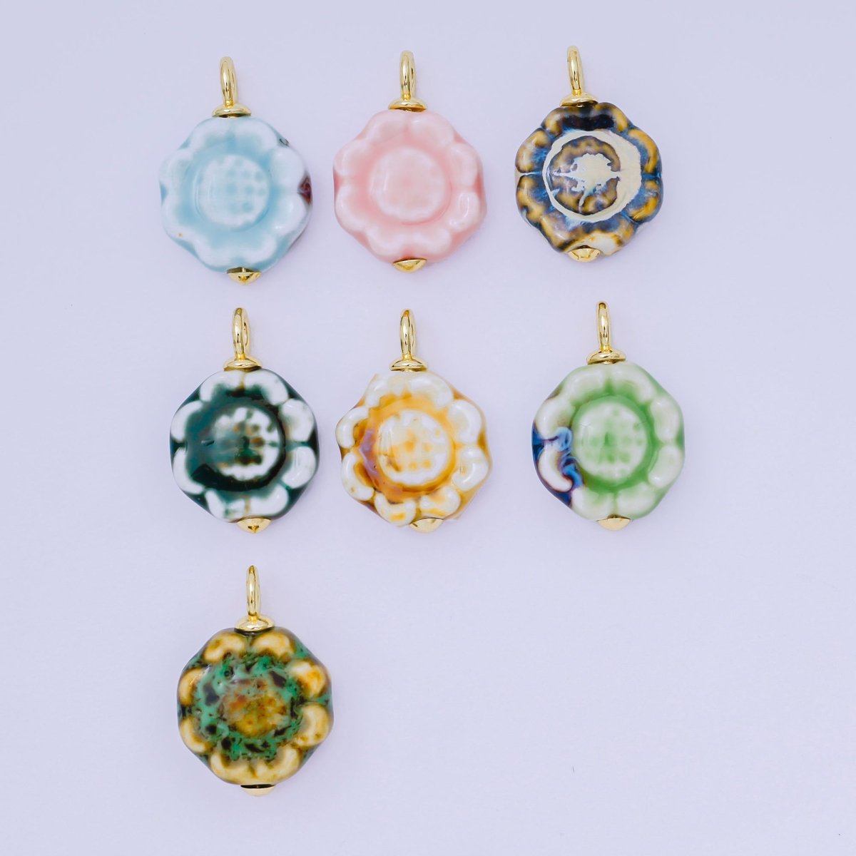 24K Gold Filled 26mm Ceramic Art Vintage Luxurious Blooming Flower Charm | AH - 651 - AH - 654 - DLUXCA