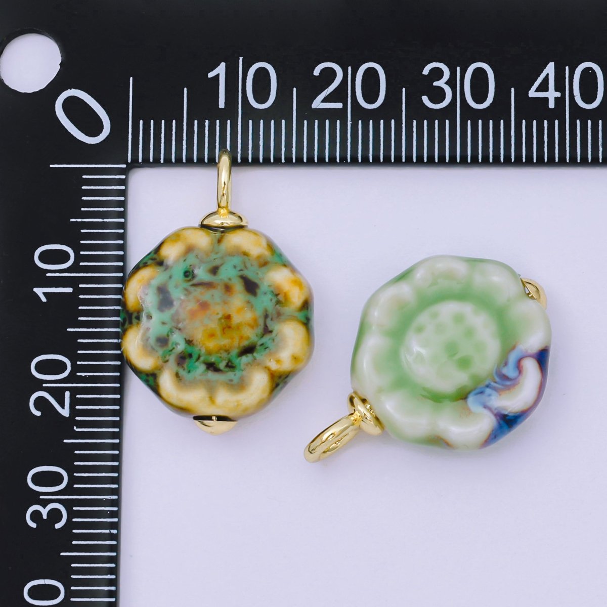 24K Gold Filled 26mm Ceramic Art Vintage Luxurious Blooming Flower Charm | AH - 651 - AH - 654 - DLUXCA