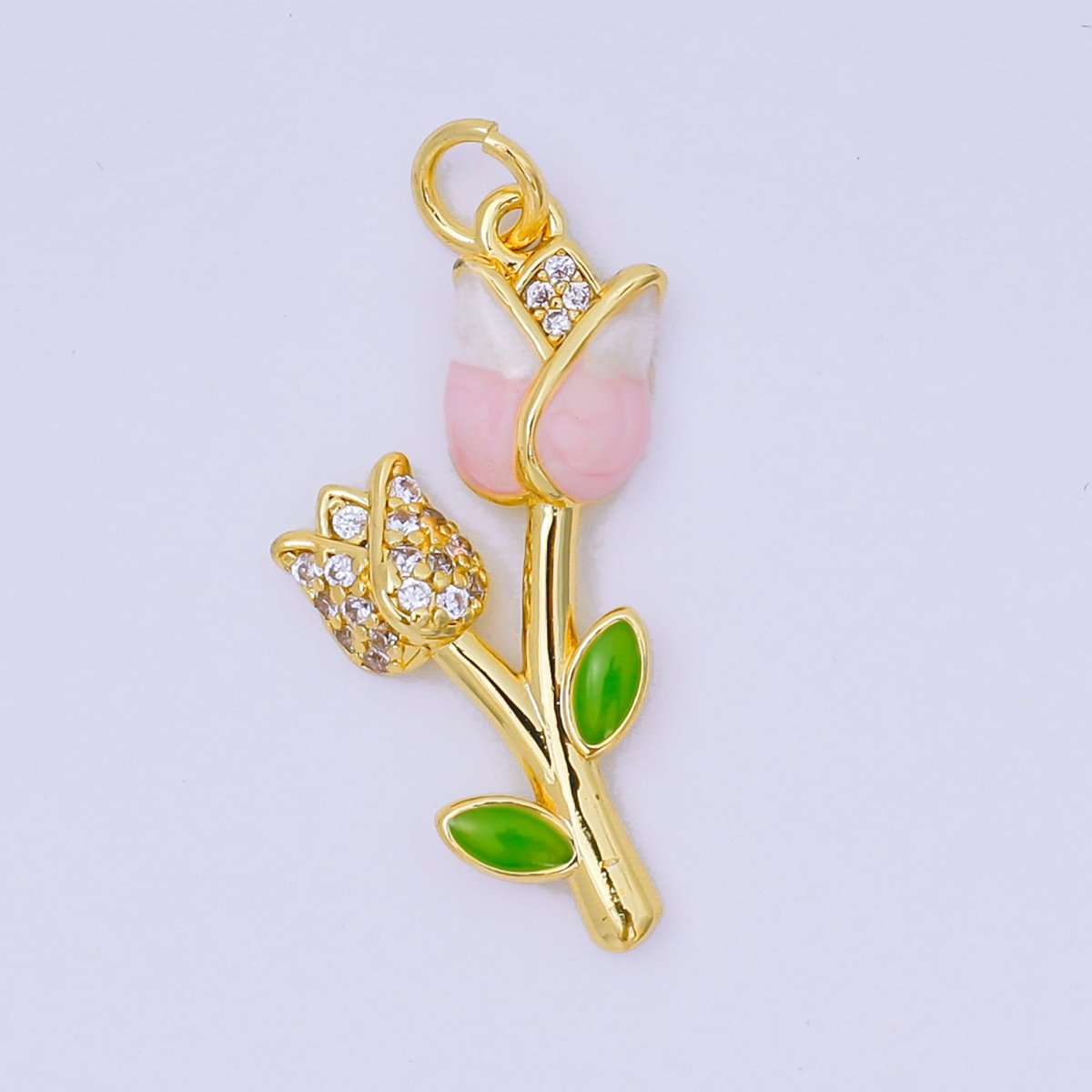 24K Gold Filled 26mm Micro Paved CZ Enamel Art Pink Tulip Flower Charm | AH - 634 - DLUXCA