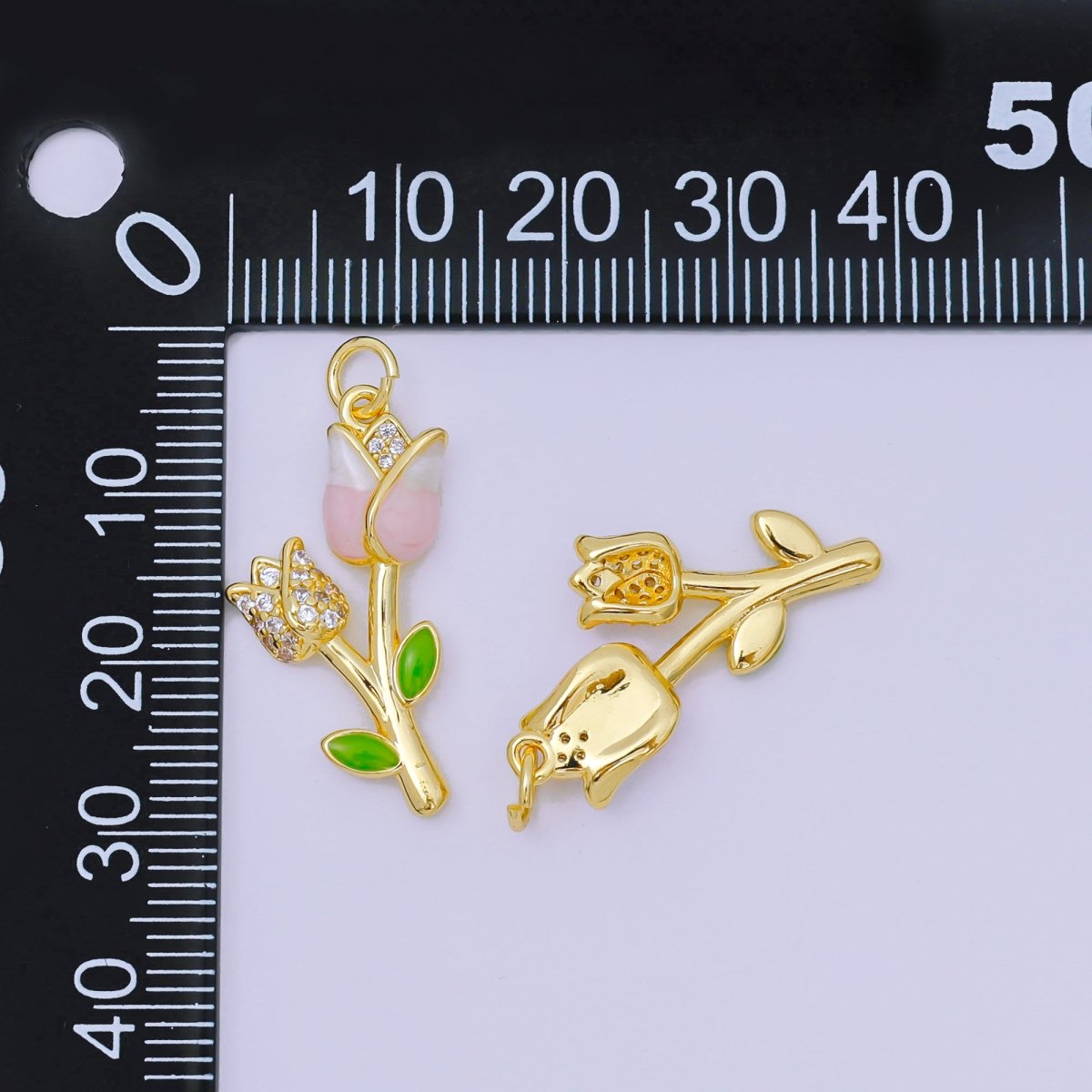 24K Gold Filled 26mm Micro Paved CZ Enamel Art Pink Tulip Flower Charm | AH - 634 - DLUXCA