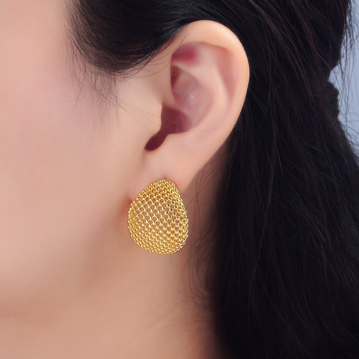 24K Gold Filled 27mm Dotted Dome Geometric C - Shaped Hoop Earrings | P130 - DLUXCA