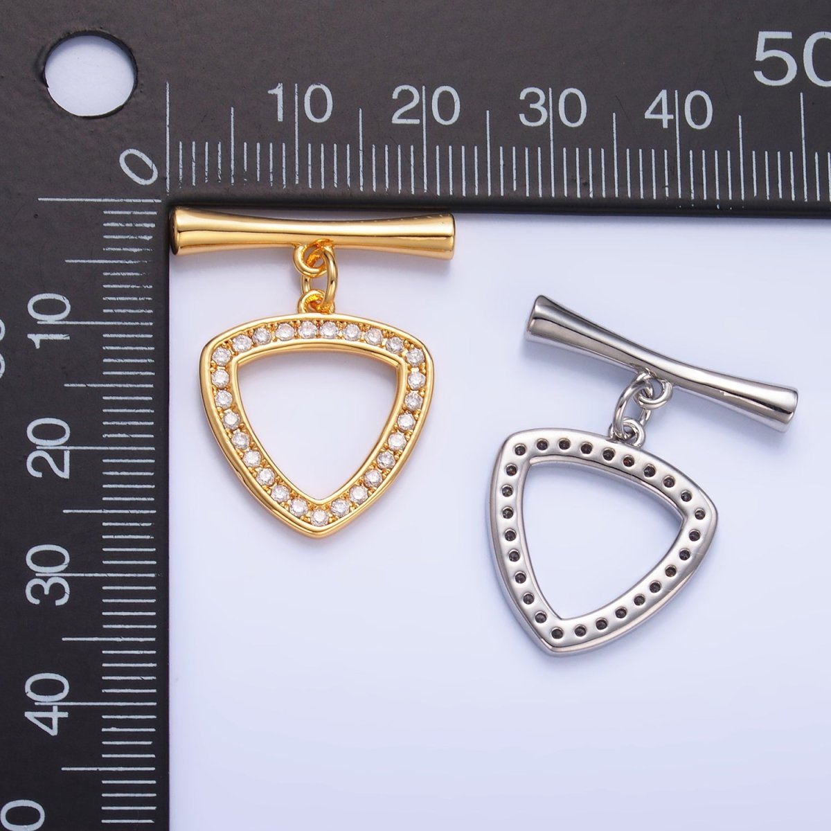 24K Gold Filled 28mm Micro Paved CZ Triangle Toggle Clasps Closure Findings in Gold & Silver | Z1032 - DLUXCA