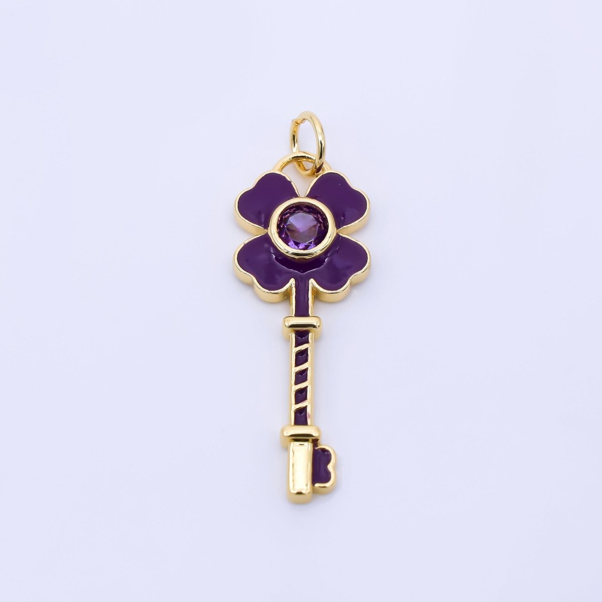 24K Gold Filled 28mm Purple Round CZ Hand - Painted Enamel Key to the Lavender Garden Floral Charm | AC1604 - DLUXCA