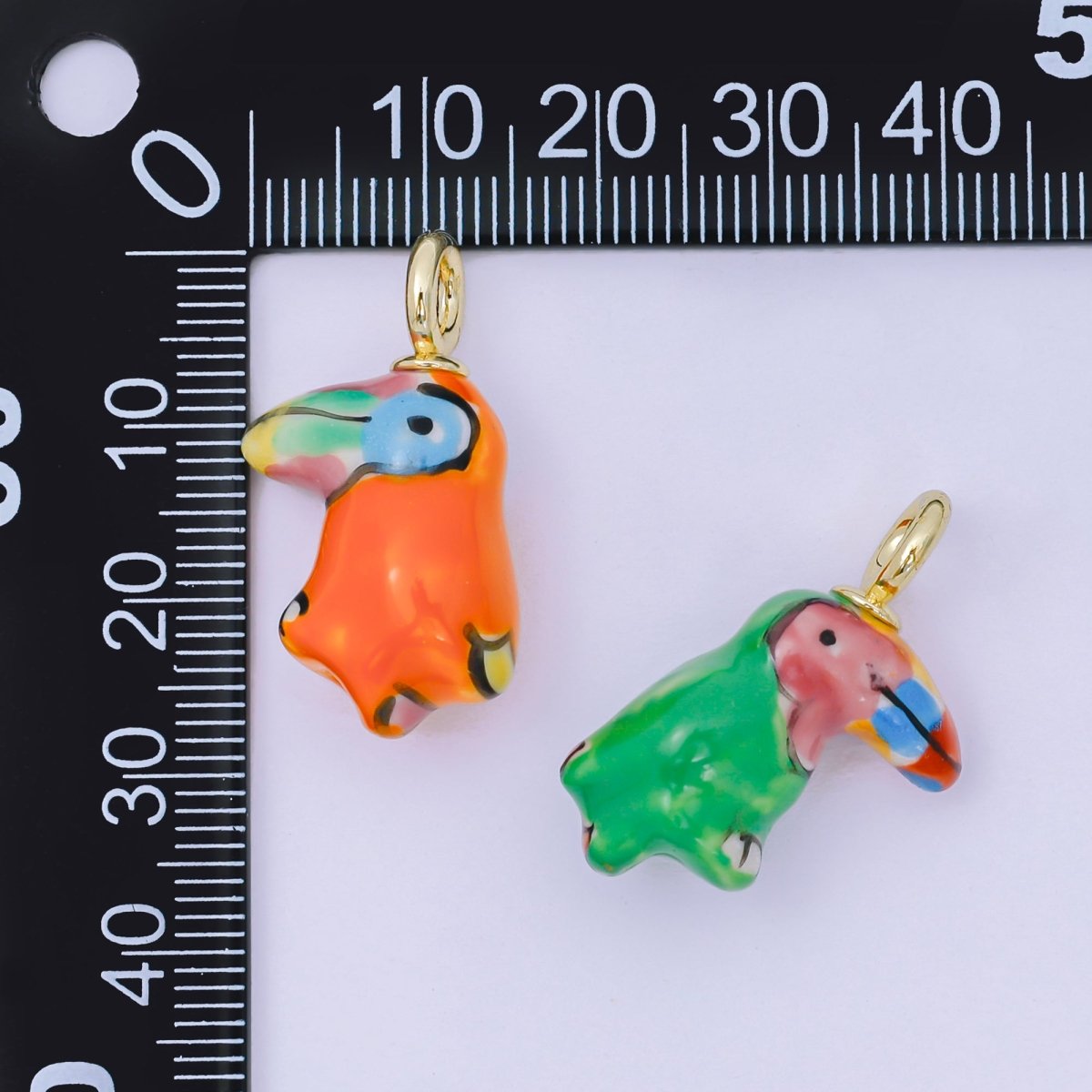 24K Gold Filled 29.5mm Green, Orange, Black Ceramic Parrots Rio Bird Charm | AF1263 - AF1267 - DLUXCA