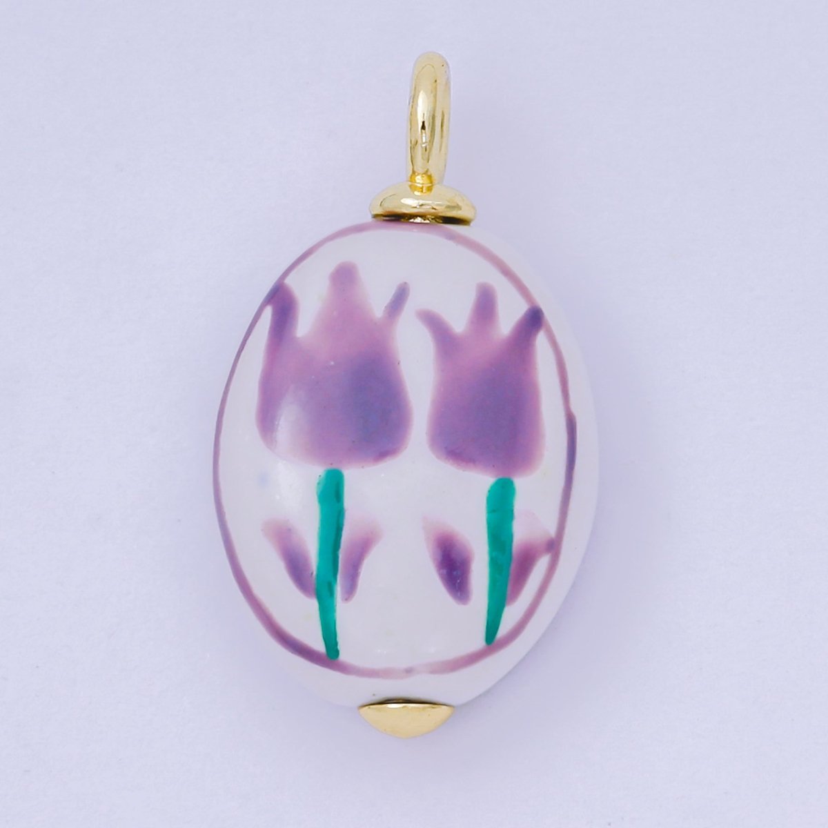 24K Gold Filled 29mm Handmade Ceramic Green, Purple Roses Vintage Charm | AF1514 - DLUXCA