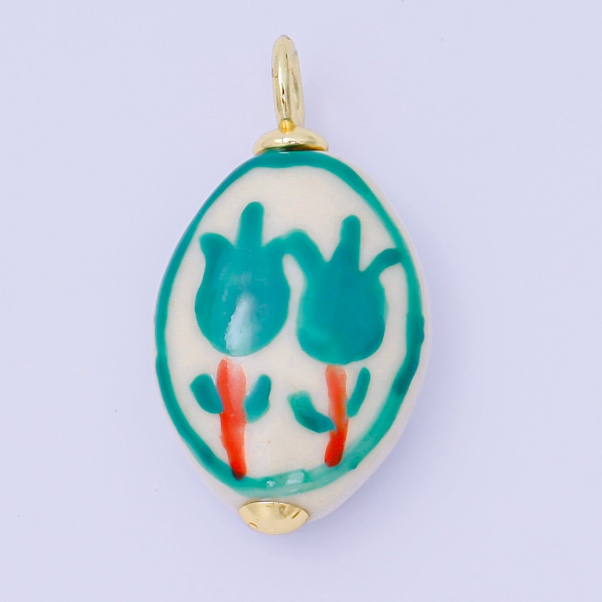 24K Gold Filled 29mm Handmade Ceramic Green, Purple Roses Vintage Charm | AF1514 - DLUXCA