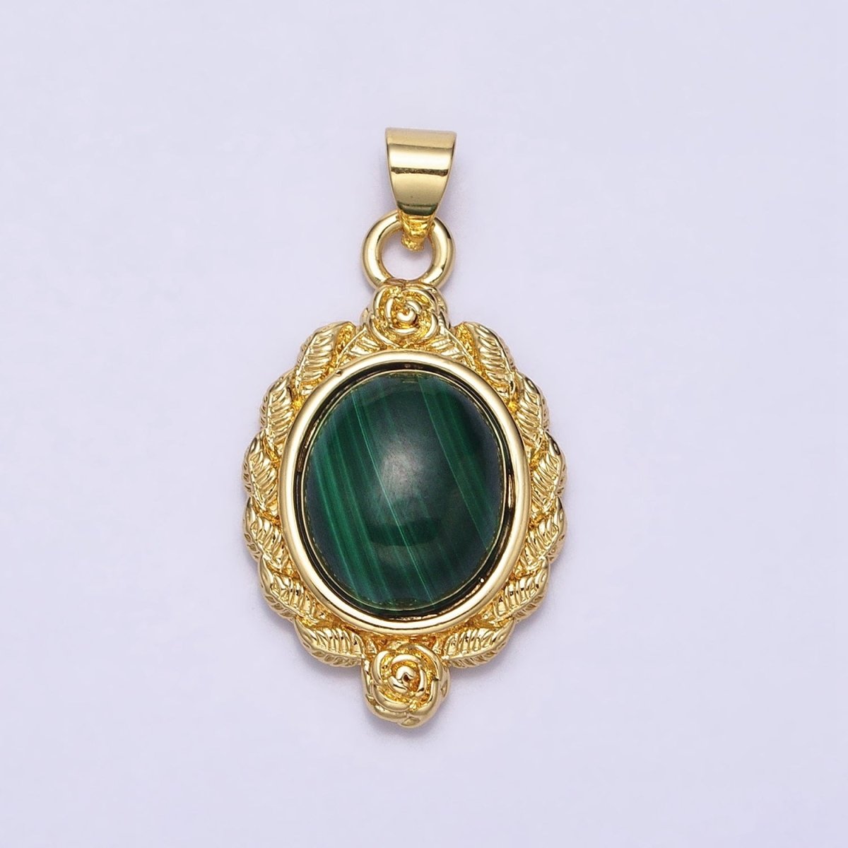 24K Gold Filled 29mm Lapis Lazuli, Malachite, Moss Agate Cabochon Gemstone Leaf Rose Bezel Pendant | AA286 - AA288 - DLUXCA