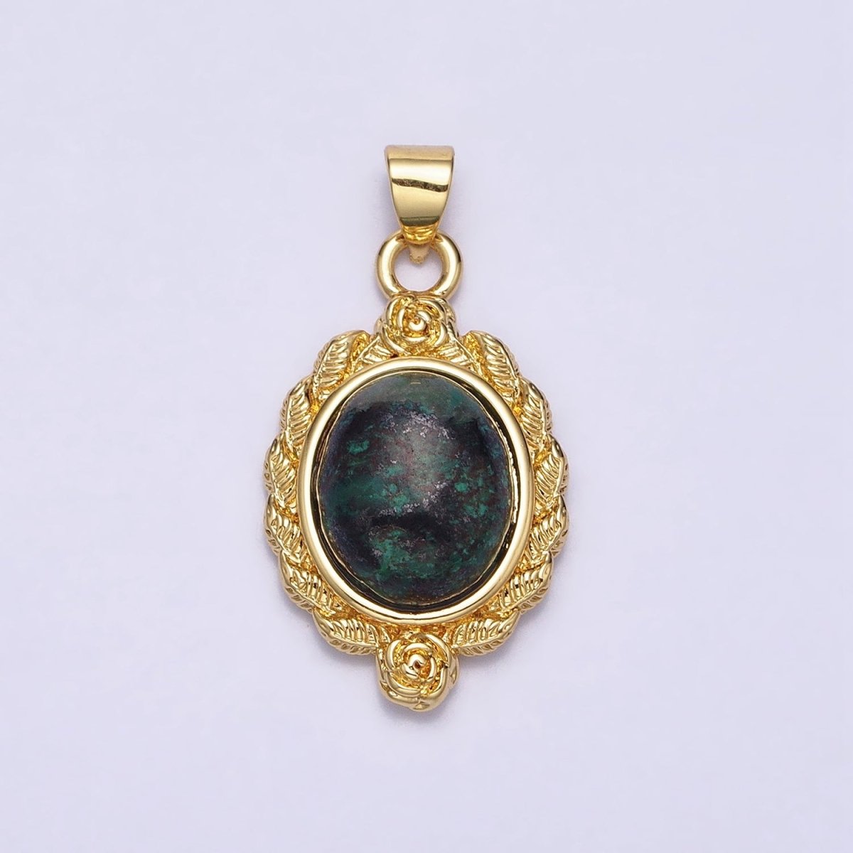 24K Gold Filled 29mm Lapis Lazuli, Malachite, Moss Agate Cabochon Gemstone Leaf Rose Bezel Pendant | AA286 - AA288 - DLUXCA