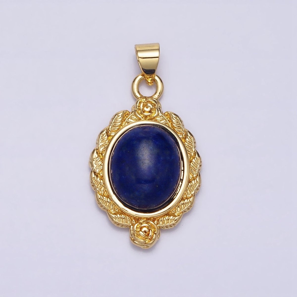 24K Gold Filled 29mm Lapis Lazuli, Malachite, Moss Agate Cabochon Gemstone Leaf Rose Bezel Pendant | AA286 - AA288 - DLUXCA