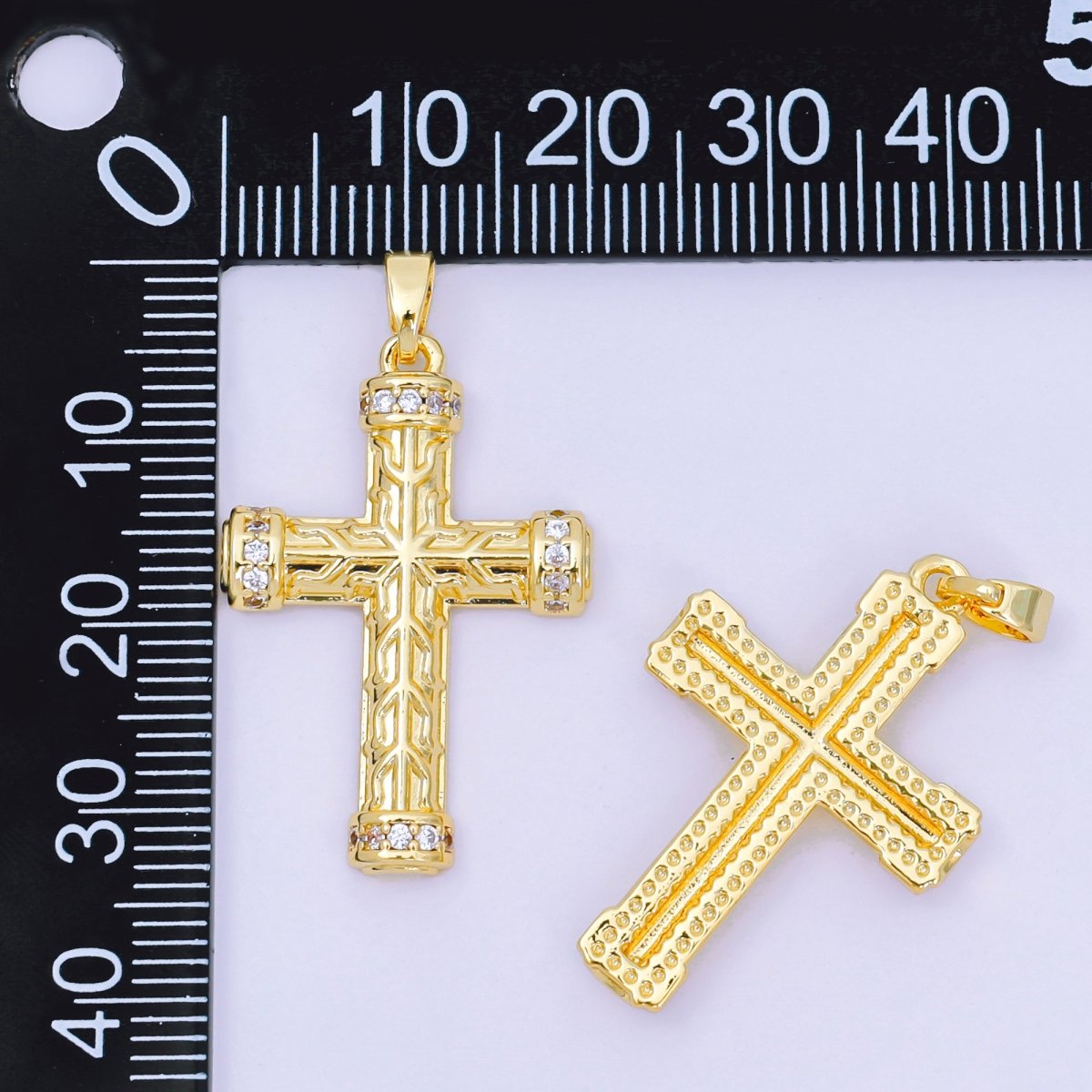 24K Gold Filled 29mm Micro Paved CZ Luxuriant Textured Holy Cross Christian Charm | AA - 1597 - DLUXCA
