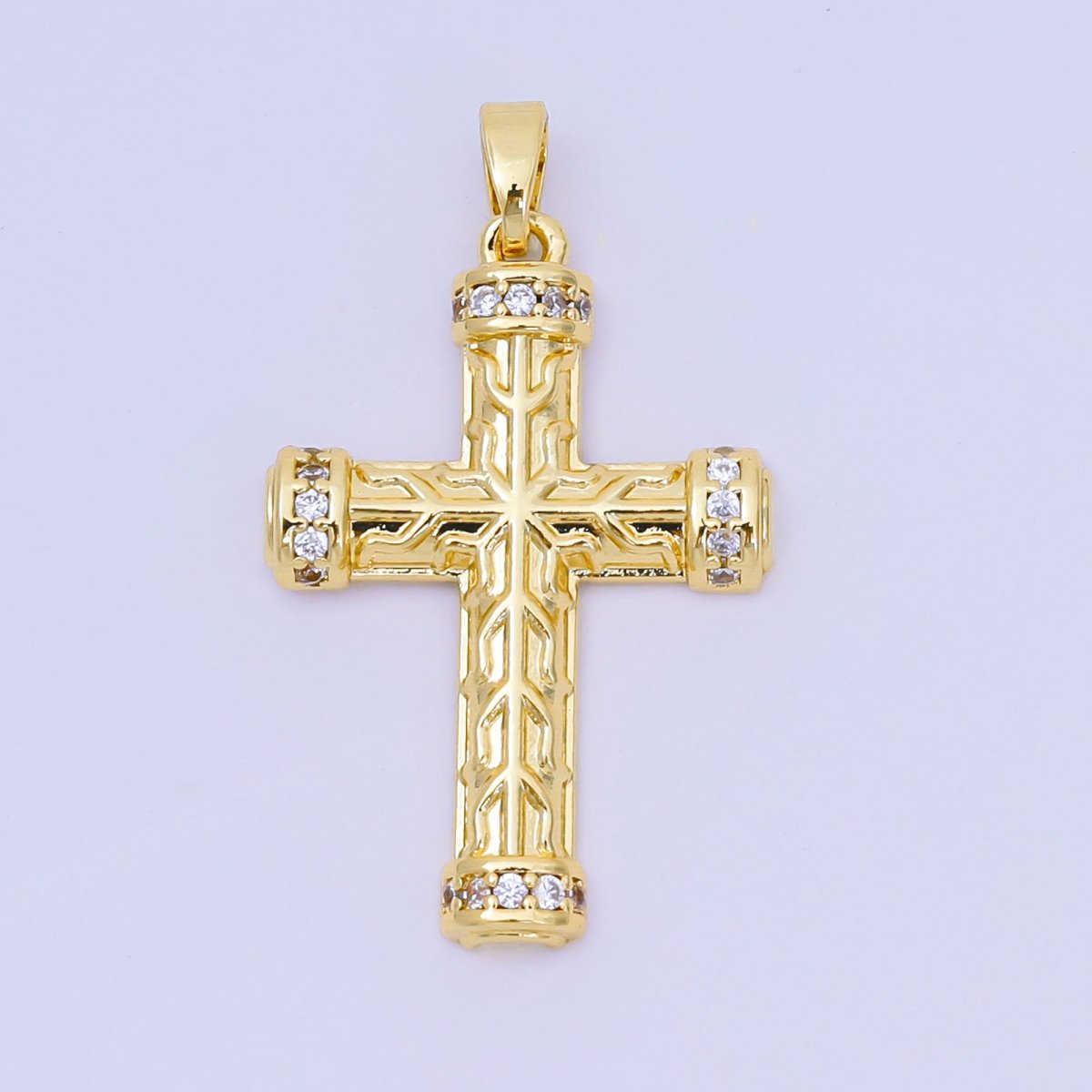 24K Gold Filled 29mm Micro Paved CZ Luxuriant Textured Holy Cross Christian Charm | AA - 1597 - DLUXCA