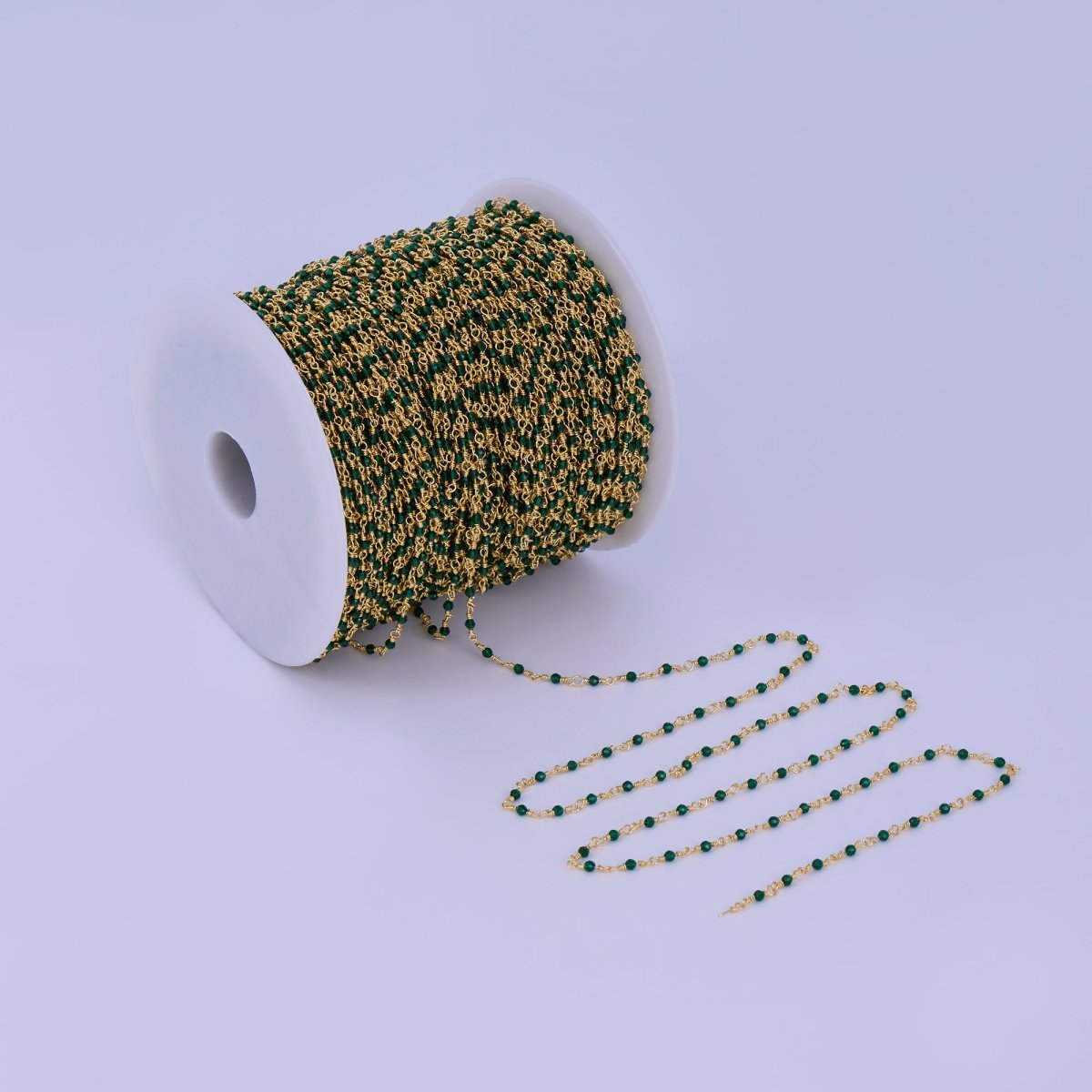 24K Gold Filled 2mm Green Multifaceted Crystal Wire Link Unfinished Chain by Yard | Roll - 01668 - DLUXCA