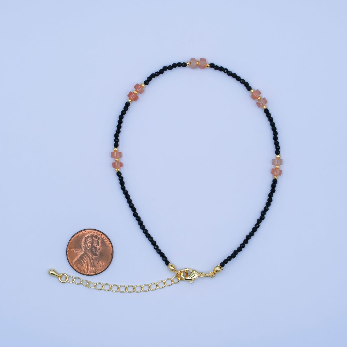24K Gold Filled 2mm Pink Black Multifaceted Gemstone 9 Inch Anklet Bracelet | WA - 2949 - DLUXCA